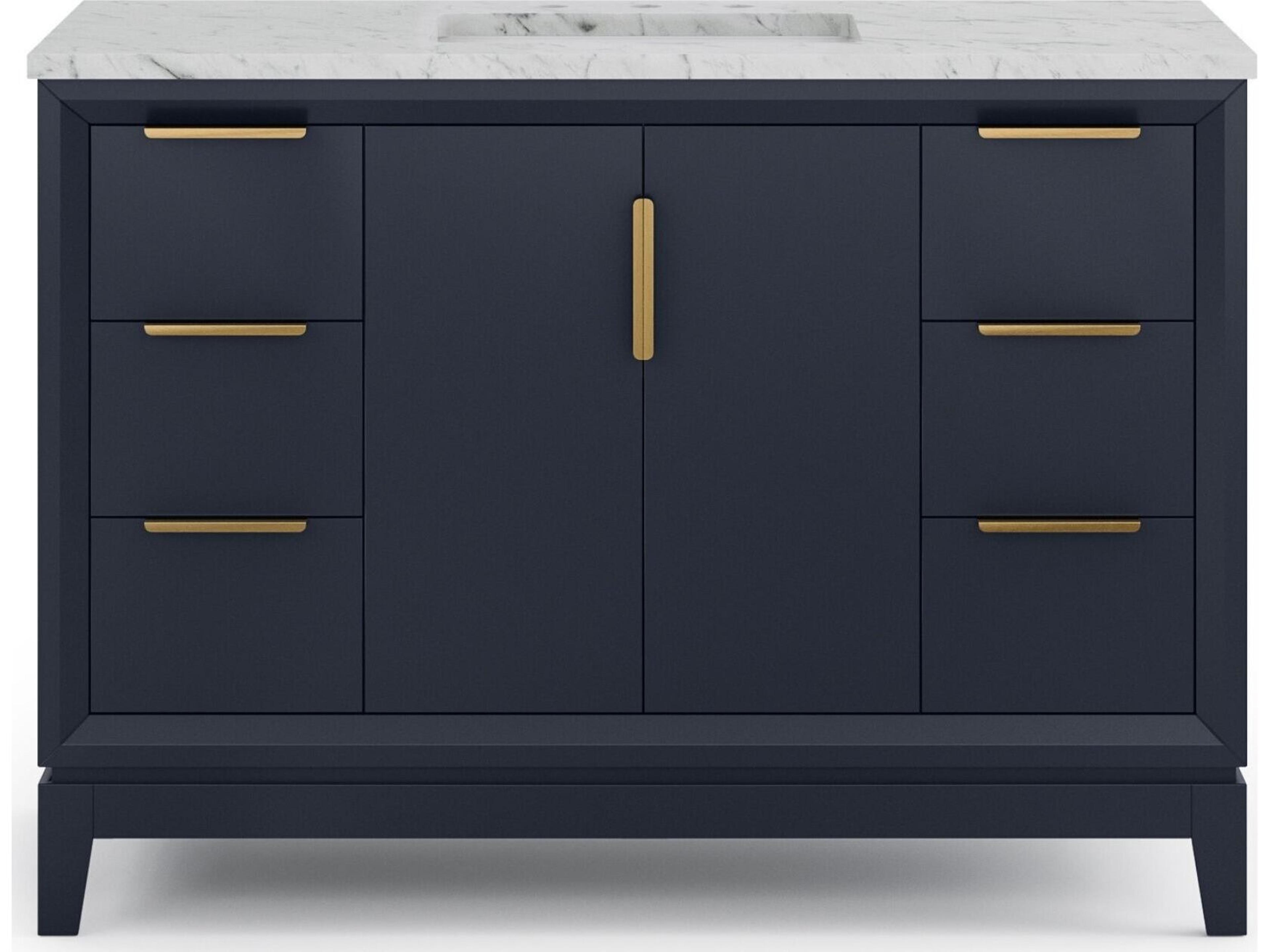 Elizabeth Single Sink Carrara White Marble Countertop Bath Vanity In Monarch Blue with Satin Gold Hardware