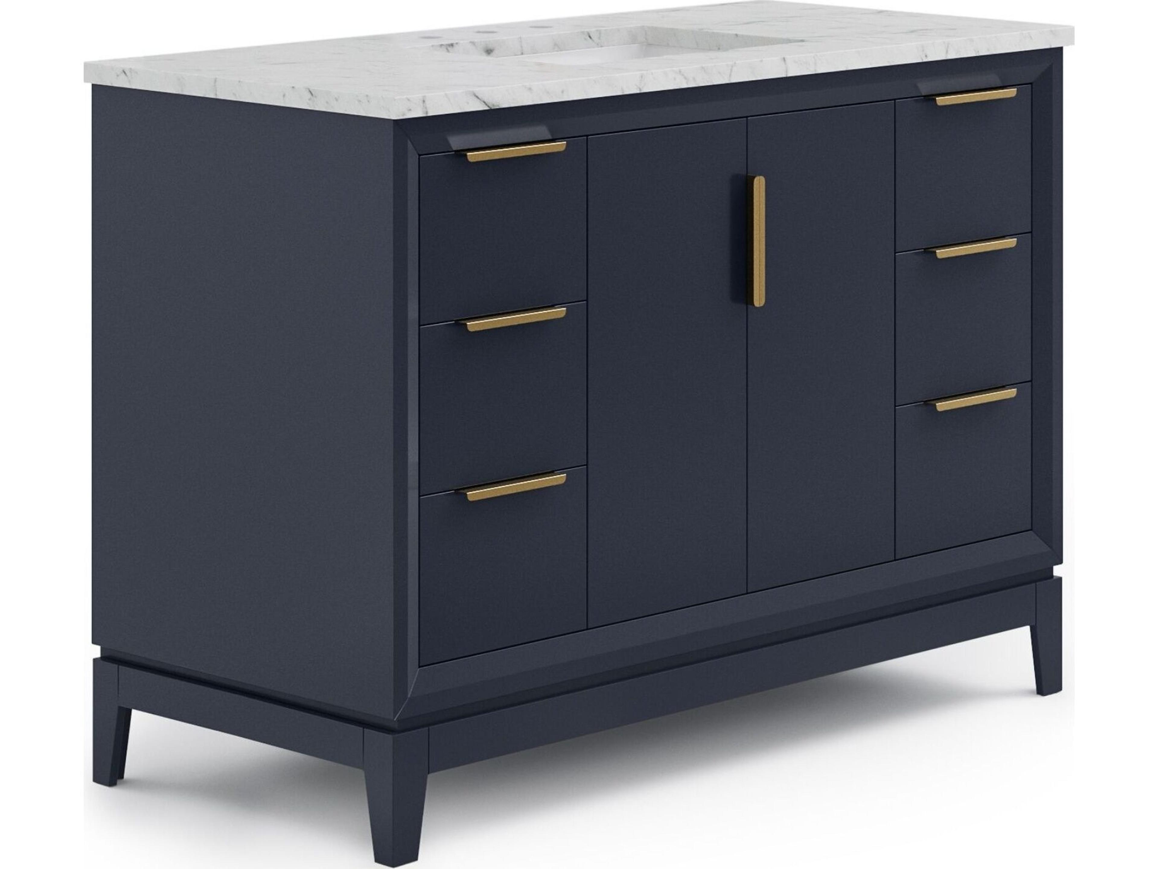 Water Creation Elizabeth Single Sink Carrara White Marble Countertop Bath Vanity In Monarch Blue with Satin Gold Hardware