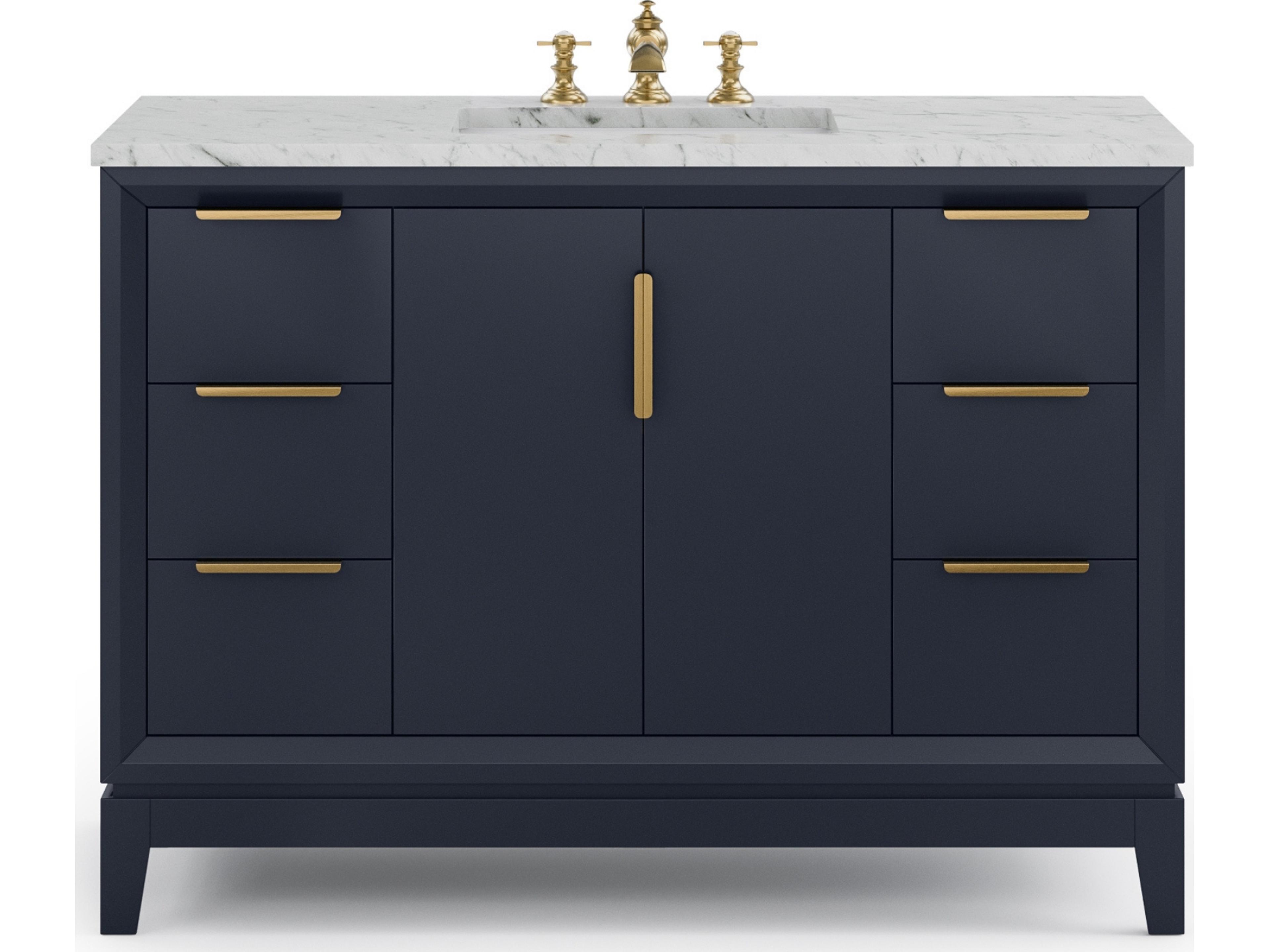 Elizabeth Single Sink Carrara White Marble Countertop Bath Vanity In Monarch Blue With Satin Gold Hardware and Waterfall Faucet