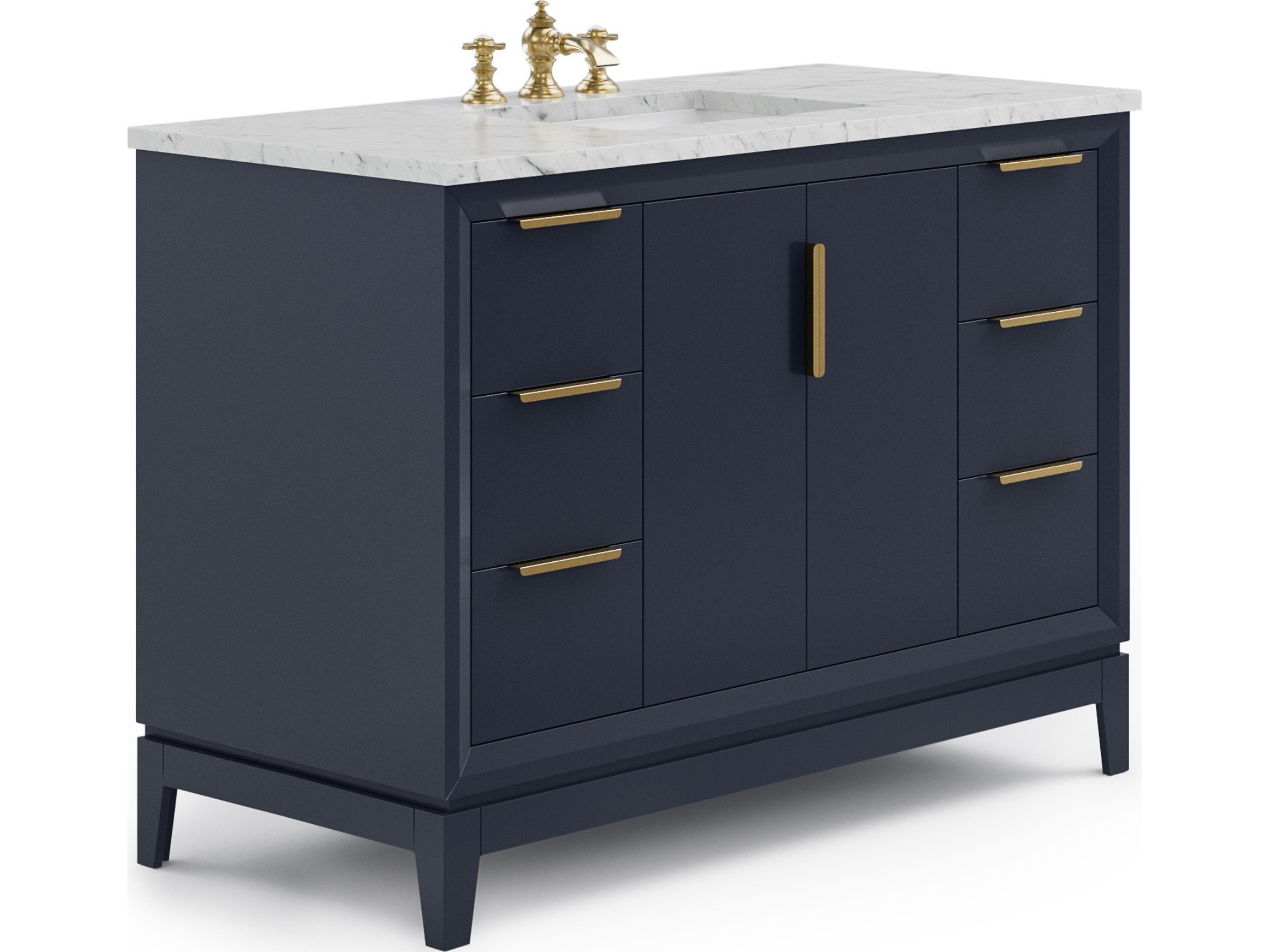 Water Creation Elizabeth Single Sink Carrara White Marble Countertop Bath Vanity In Monarch Blue With Satin Gold Hardware and Waterfall Faucet