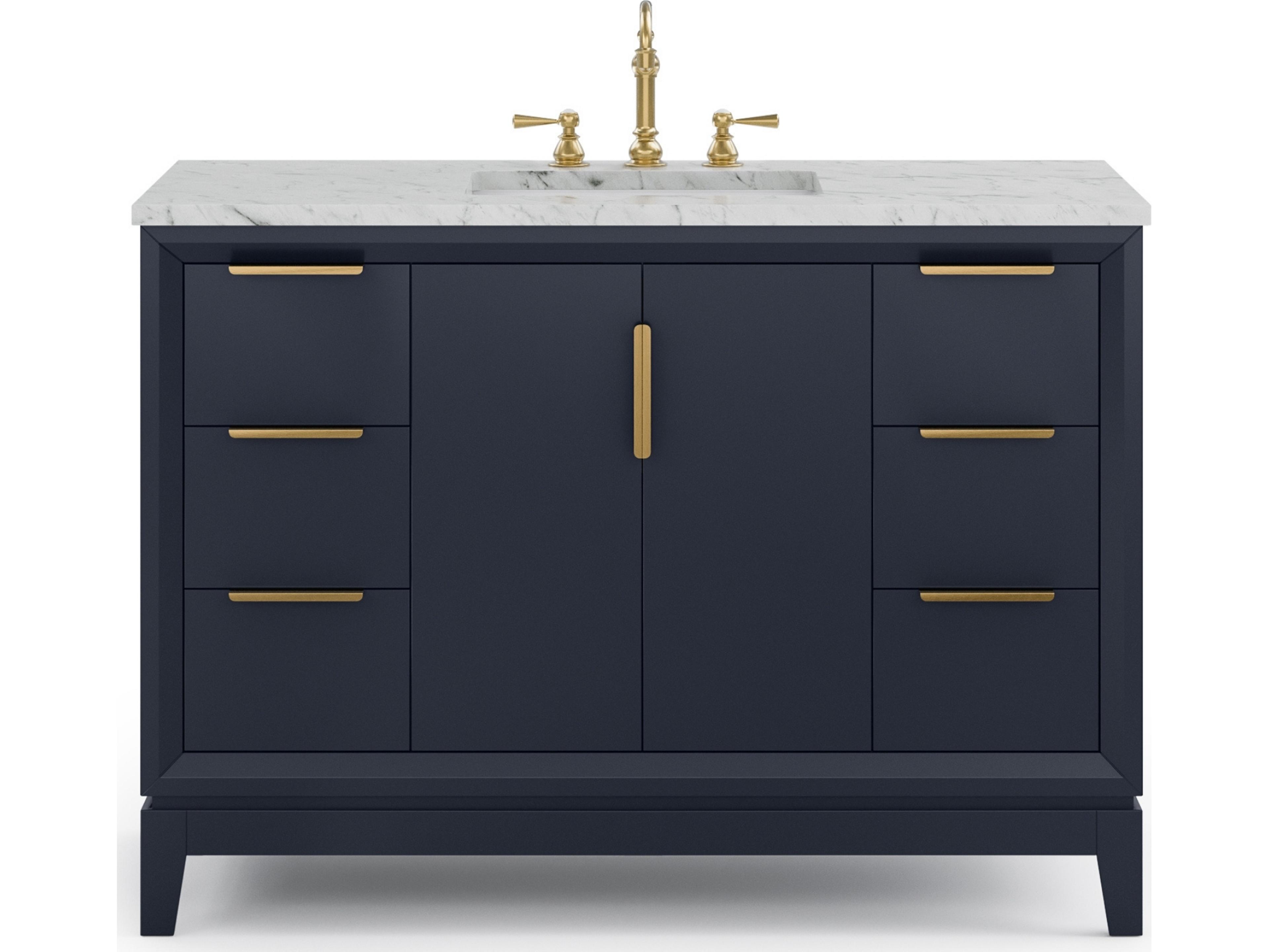 Elizabeth Single Sink Carrara White Marble Countertop Bath Vanity In Monarch Blue With Satin Gold Hardware and Hook Faucet
