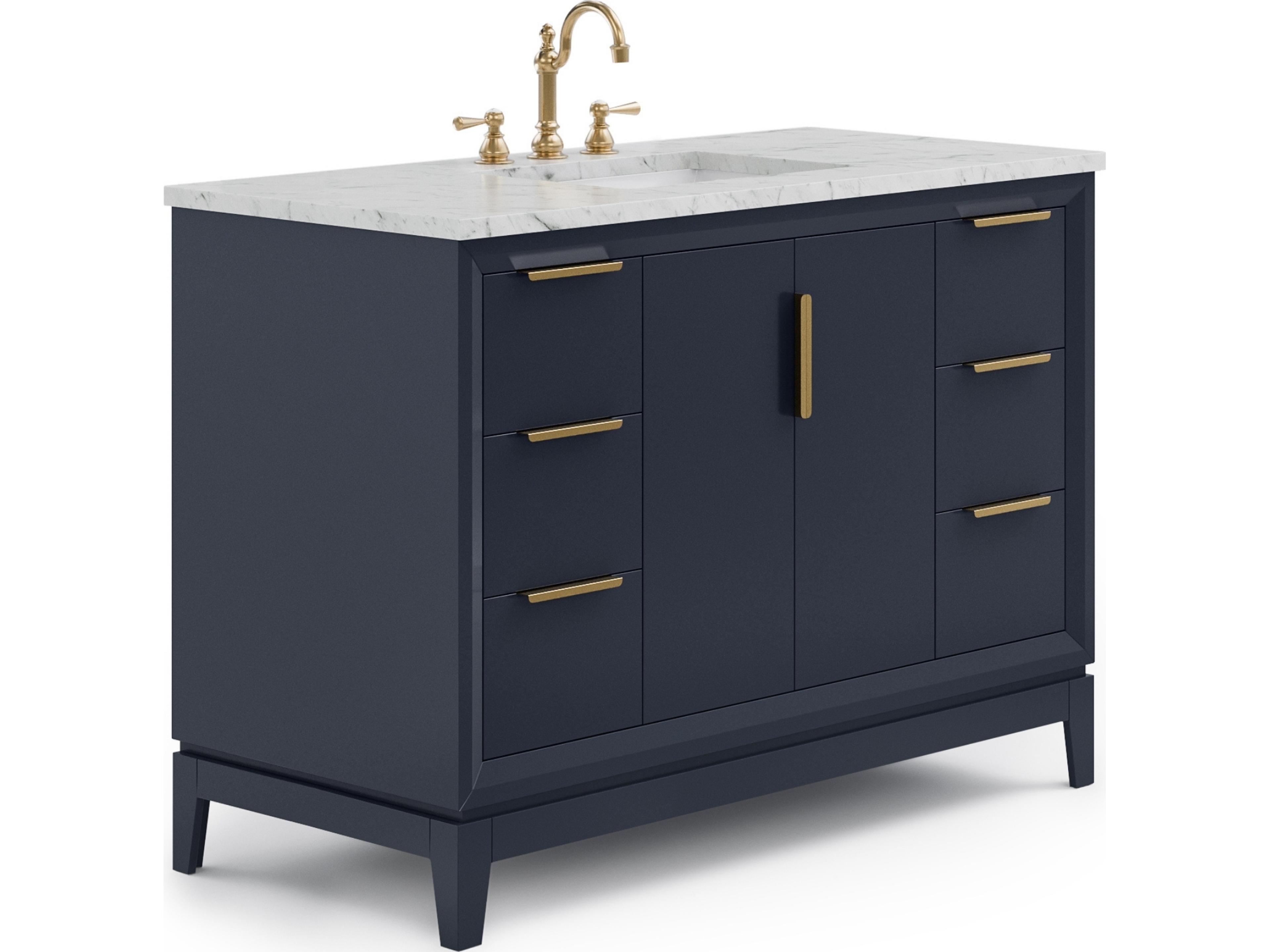 Water Creation Elizabeth Single Sink Carrara White Marble Countertop Bath Vanity In Monarch Blue With Satin Gold Hardware and Hook Faucet