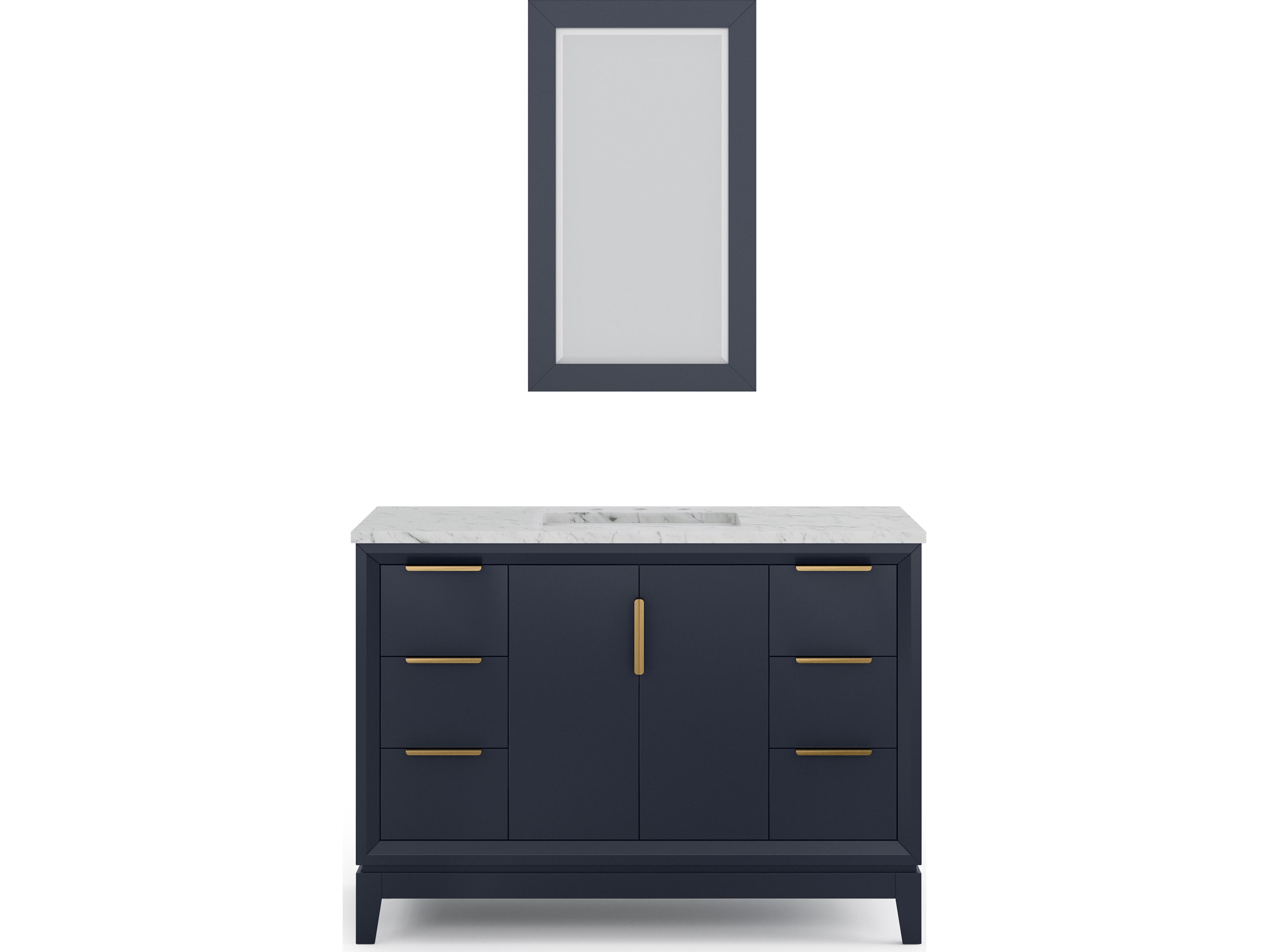 Elizabeth Single Sink Carrara White Marble Countertop Bath Vanity In Monarch Blue With Satin Gold Hardware and Rectangular Mirror (S)