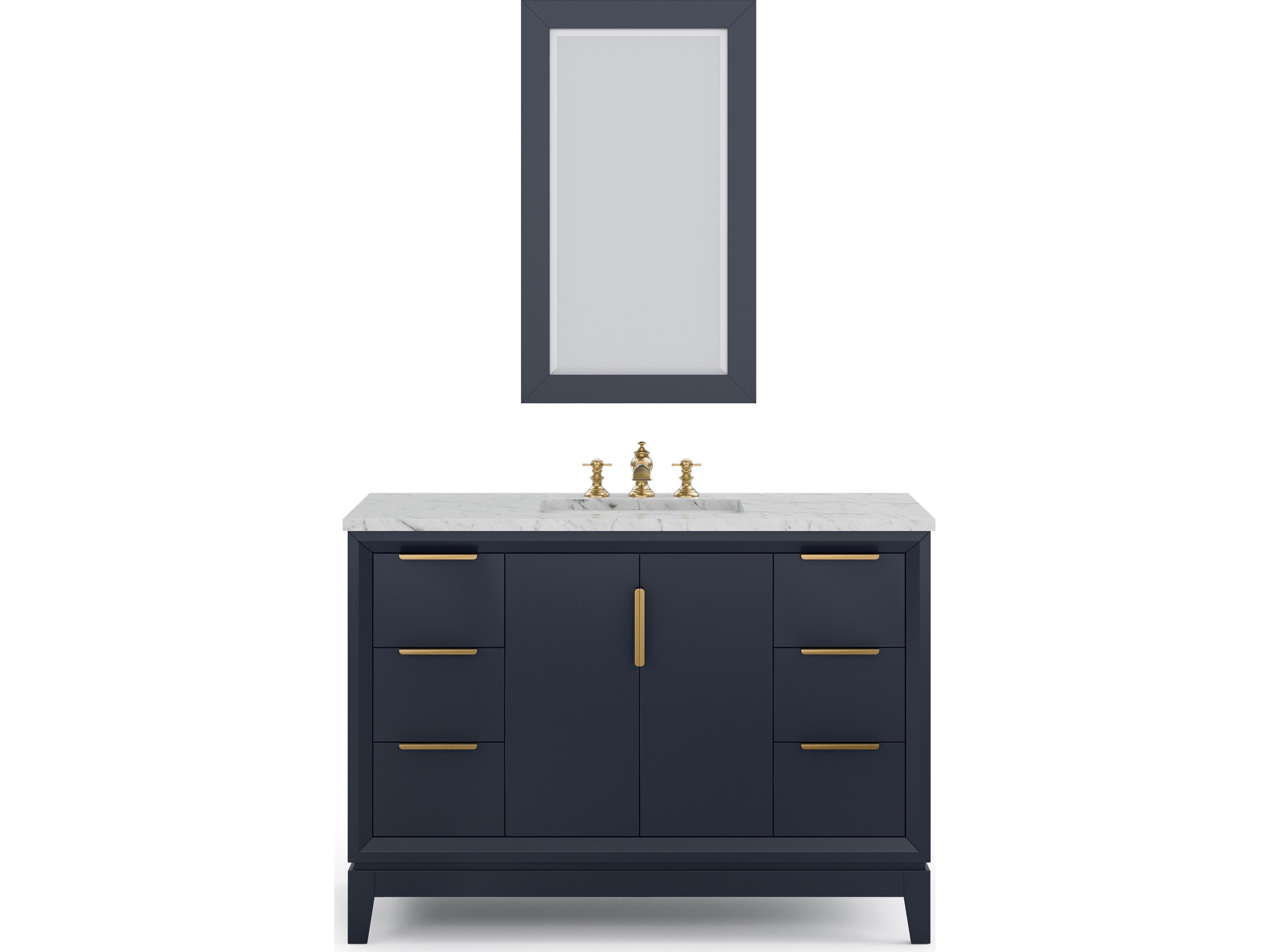 Elizabeth Single Sink Carrara White Marble Countertop Bath Vanity In Monarch Blue With Satin Gold Hardware, Waterfall Faucet and Rectangular Mirror (S)