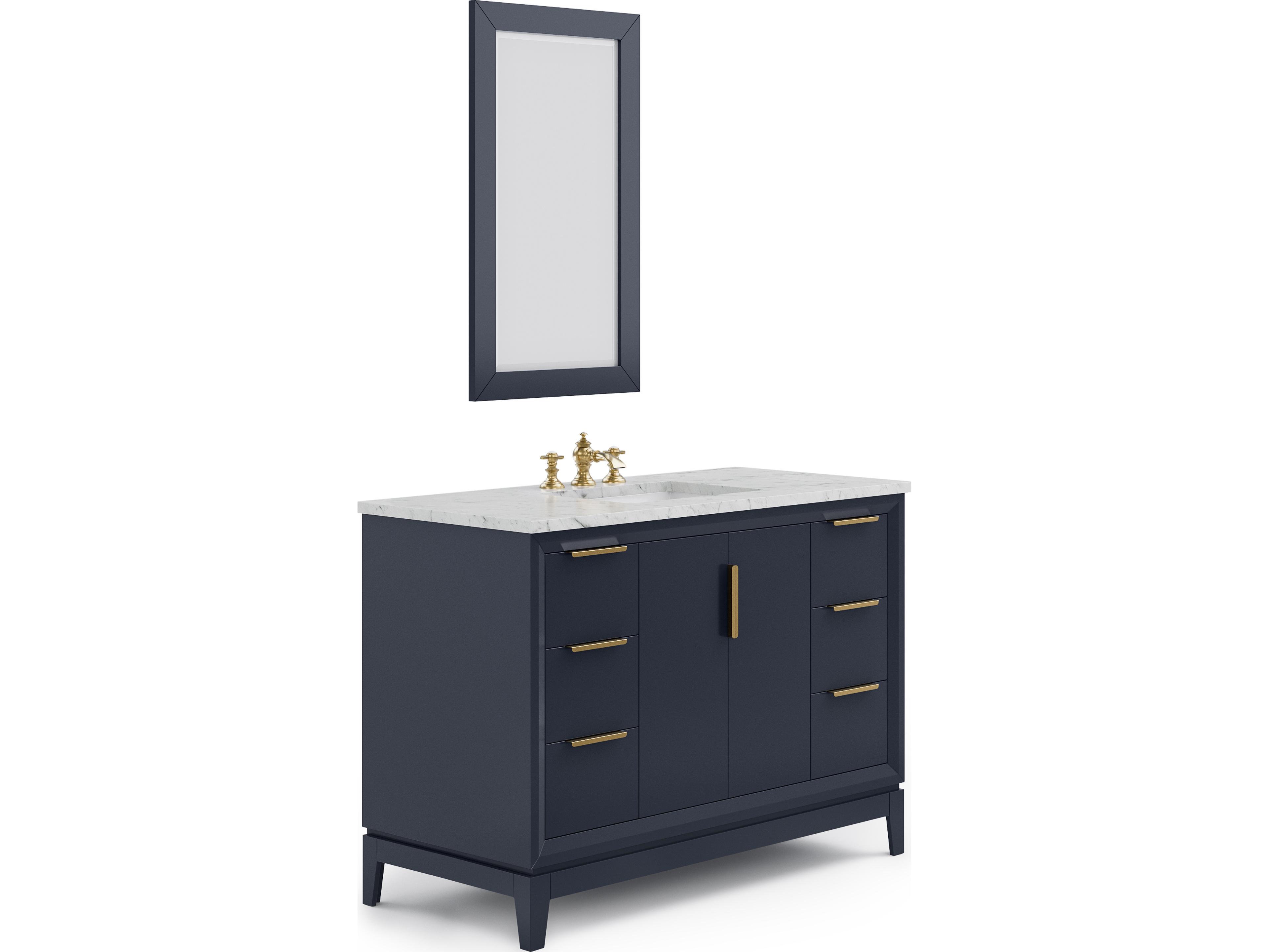 Water Creation Elizabeth Single Sink Carrara White Marble Countertop Bath Vanity In Monarch Blue With Satin Gold Hardware, Waterfall Faucet and Rectangular Mirror (S)