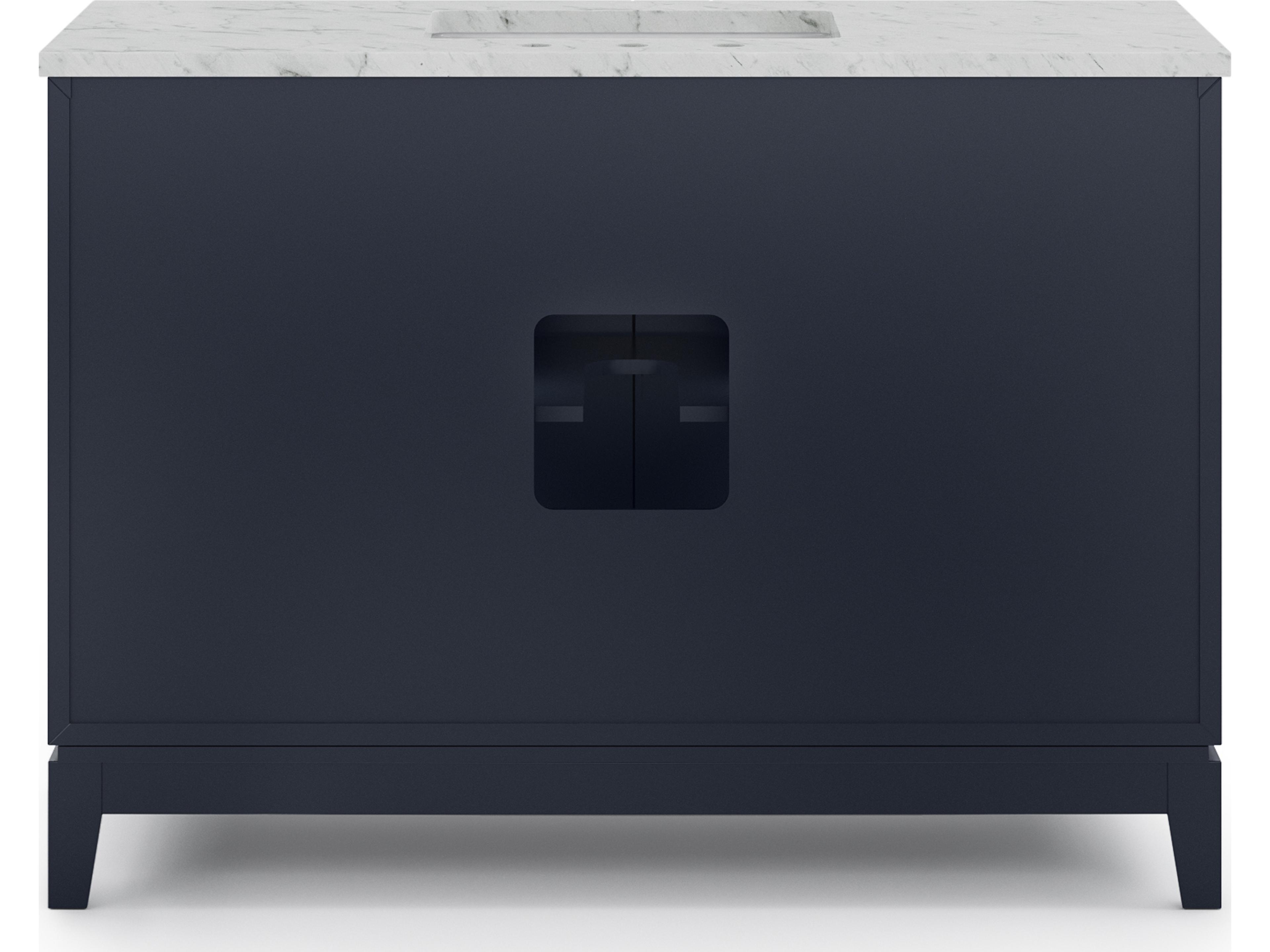 Water Creation Elizabeth Single Sink Carrara White Marble Countertop Bath Vanity In Monarch Blue With Satin Gold Hardware, Waterfall Faucet and Rectangular Mirror (S)