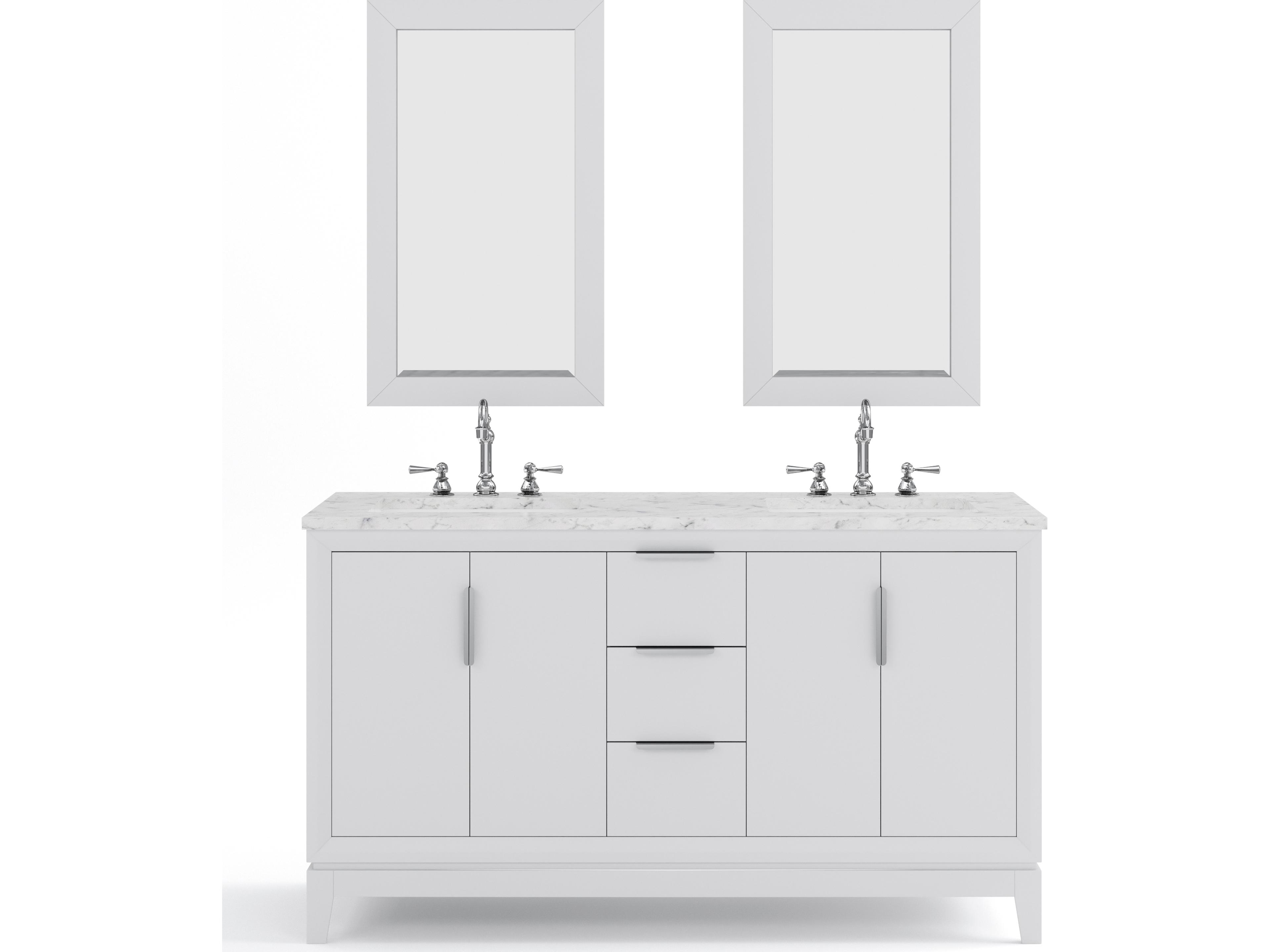 Elizabeth Double Sink Carrara White Marble Vanity In Pure White with Matching Mirror and Lavatory Hook Faucet