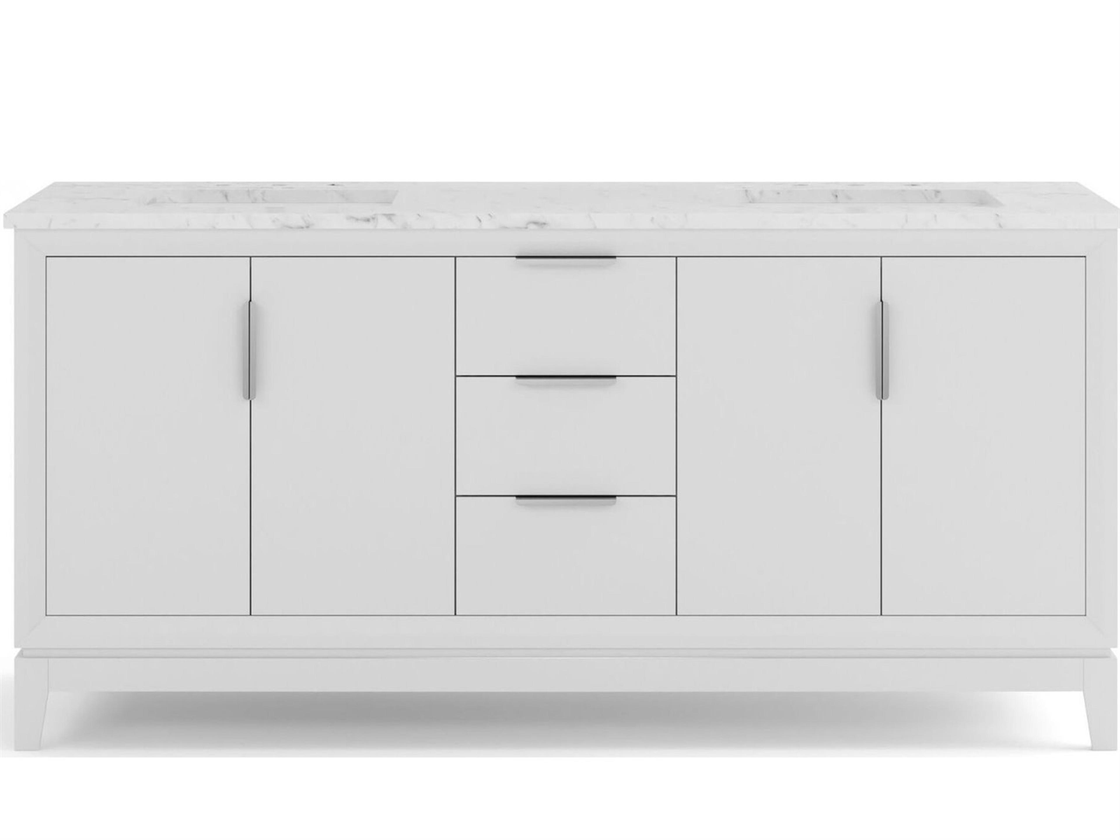 Elizabeth Double Sink Carrara White Marble Countertop Bath Vanity In Pure White with Brushed Silver Hardware