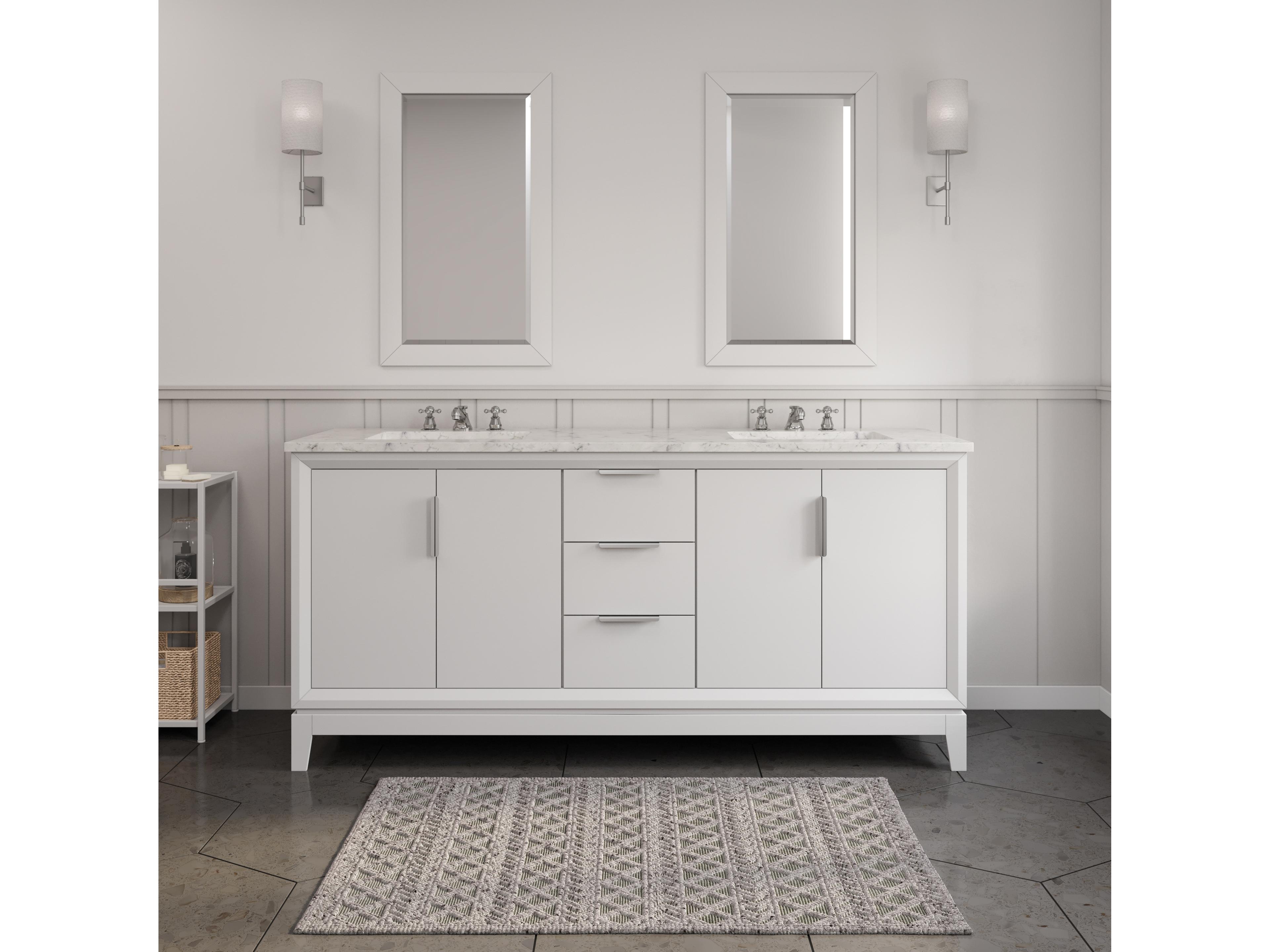 Water Creation Elizabeth Double Sink Carrara White Marble Countertop Bath Vanity In Pure White With Brushed Silver Hardware and Chrome Classic Faucet