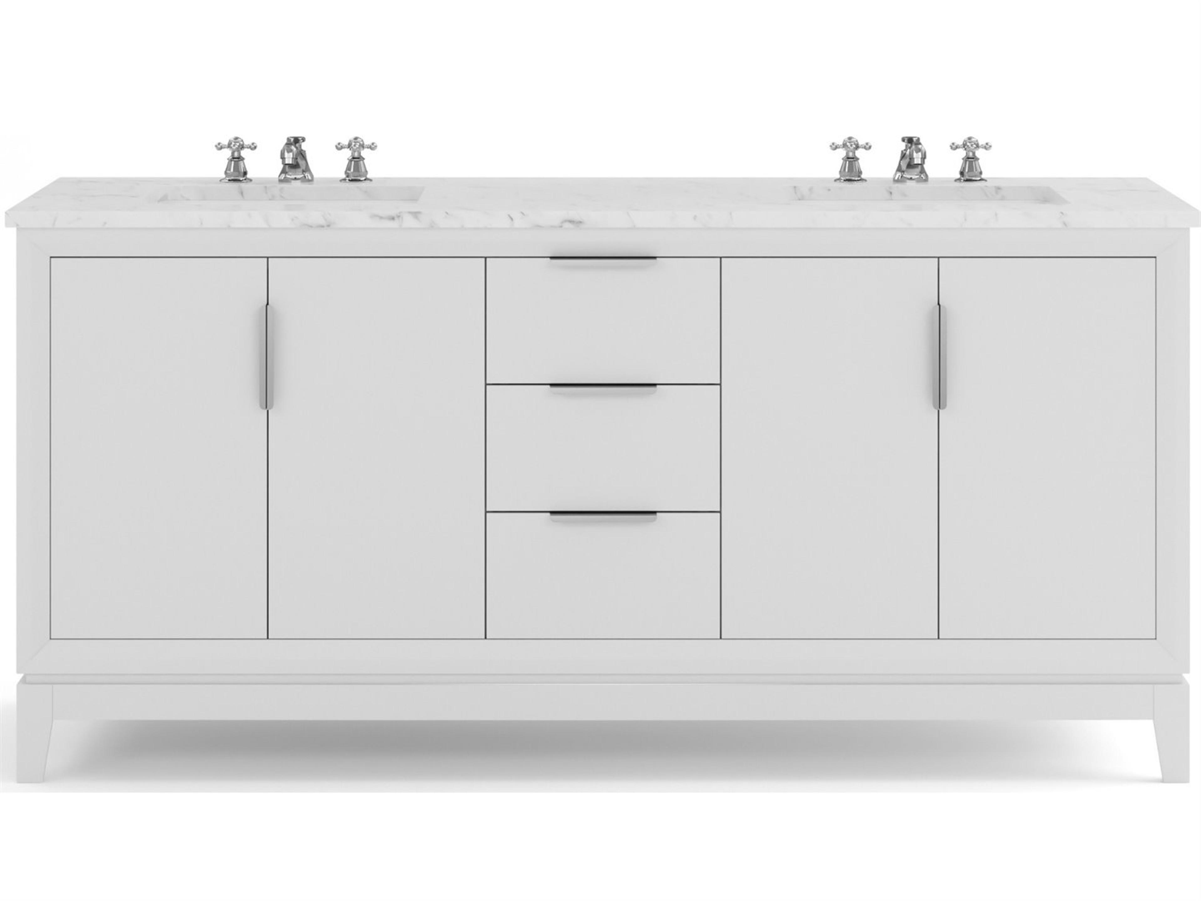 Elizabeth Double Sink Carrara White Marble Countertop Bath Vanity In Pure White With Brushed Silver Hardware and Chrome Classic Faucet