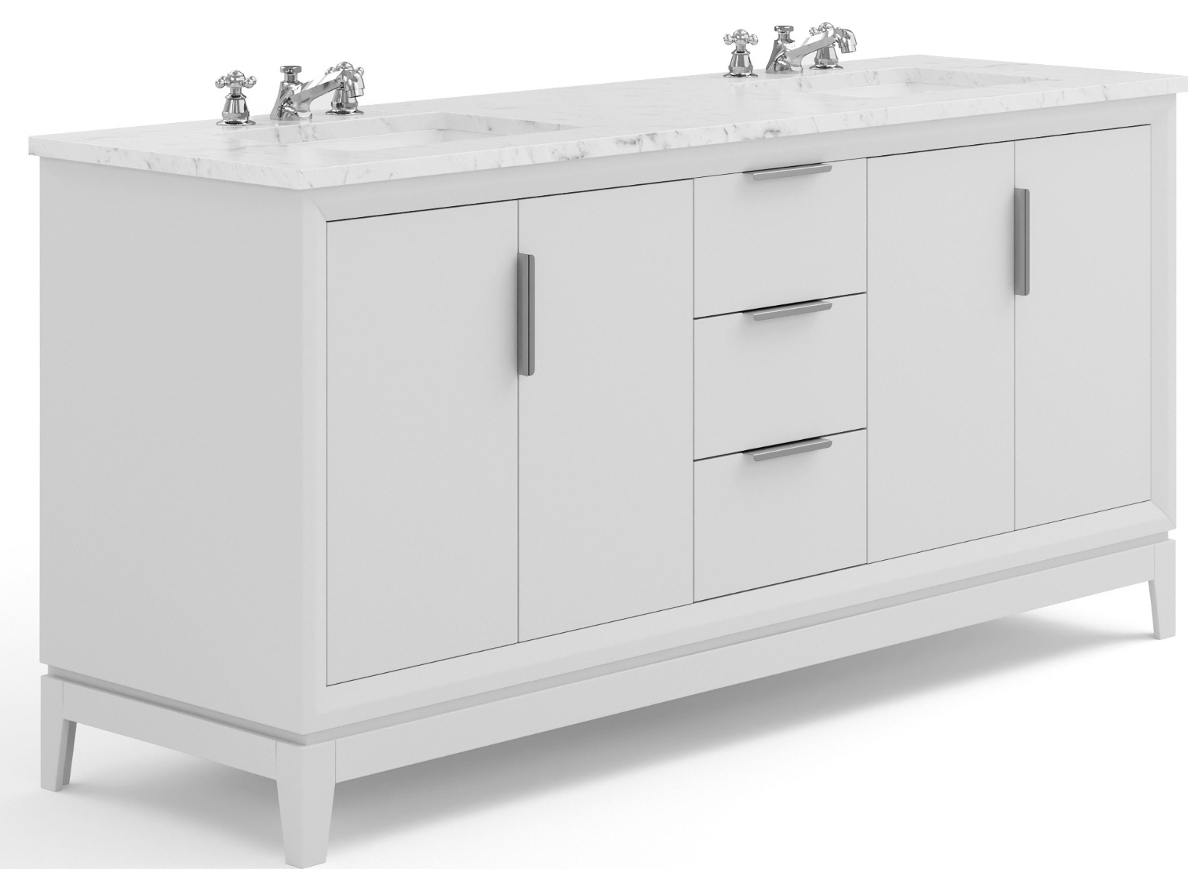 Water Creation Elizabeth Double Sink Carrara White Marble Countertop Bath Vanity In Pure White With Brushed Silver Hardware and Chrome Classic Faucet