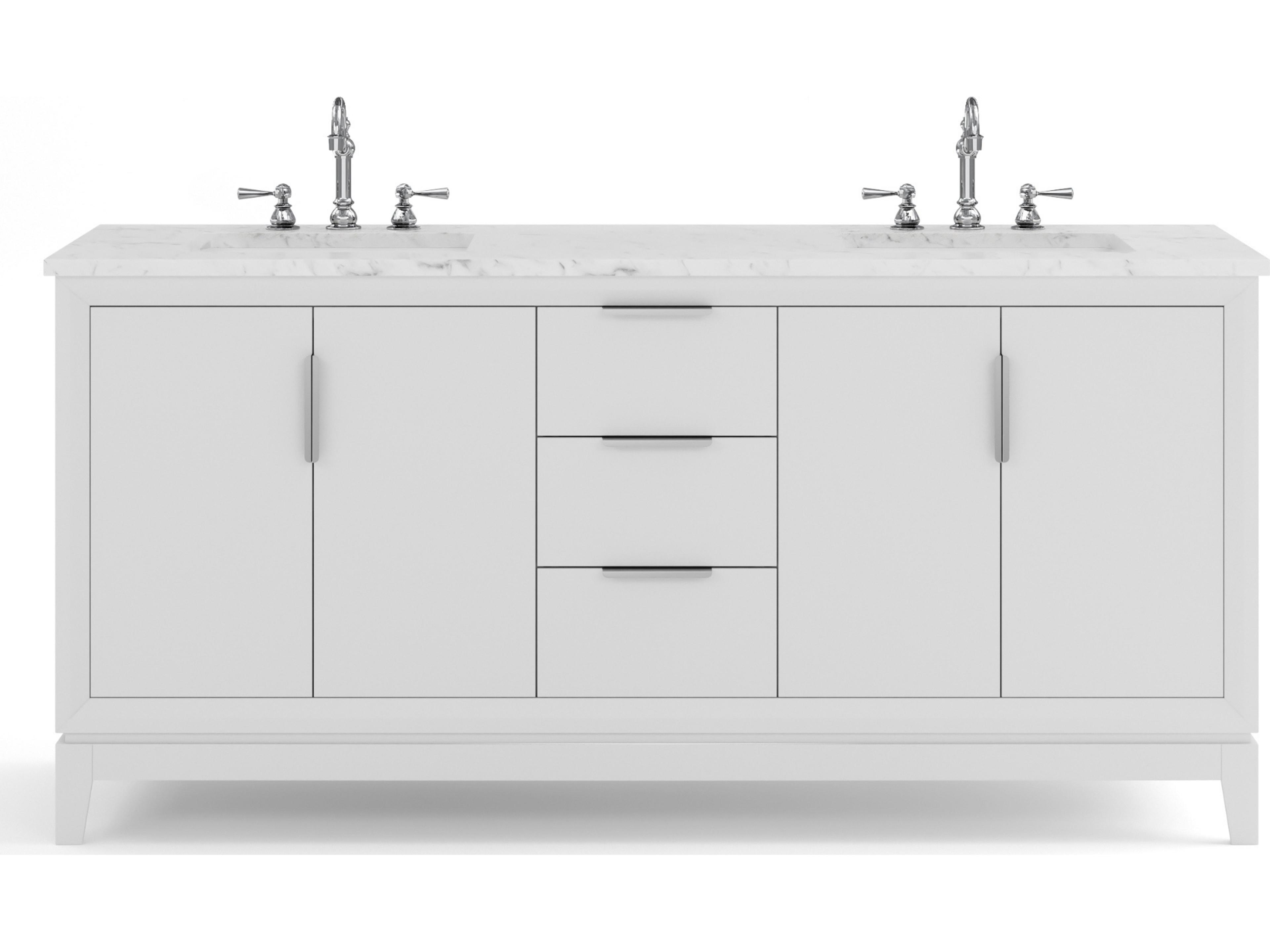 Water Creation Elizabeth Double Sink Carrara White Marble Countertop Bath Vanity In Pure White With Brushed Silver Hardware and Chrome Hook Faucet