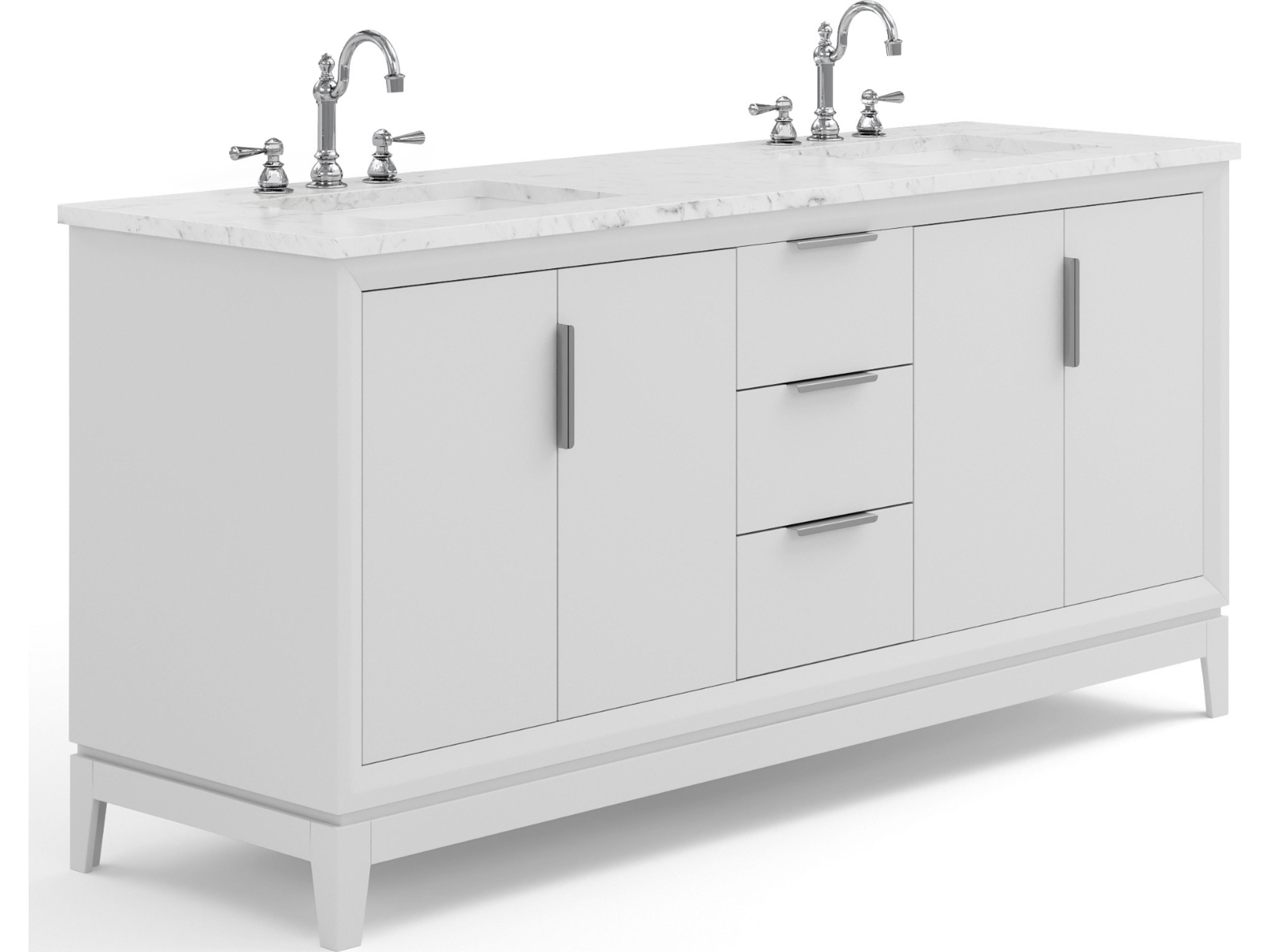 Elizabeth Double Sink Carrara White Marble Countertop Bath Vanity In Pure White With Brushed Silver Hardware and Chrome Hook Faucet