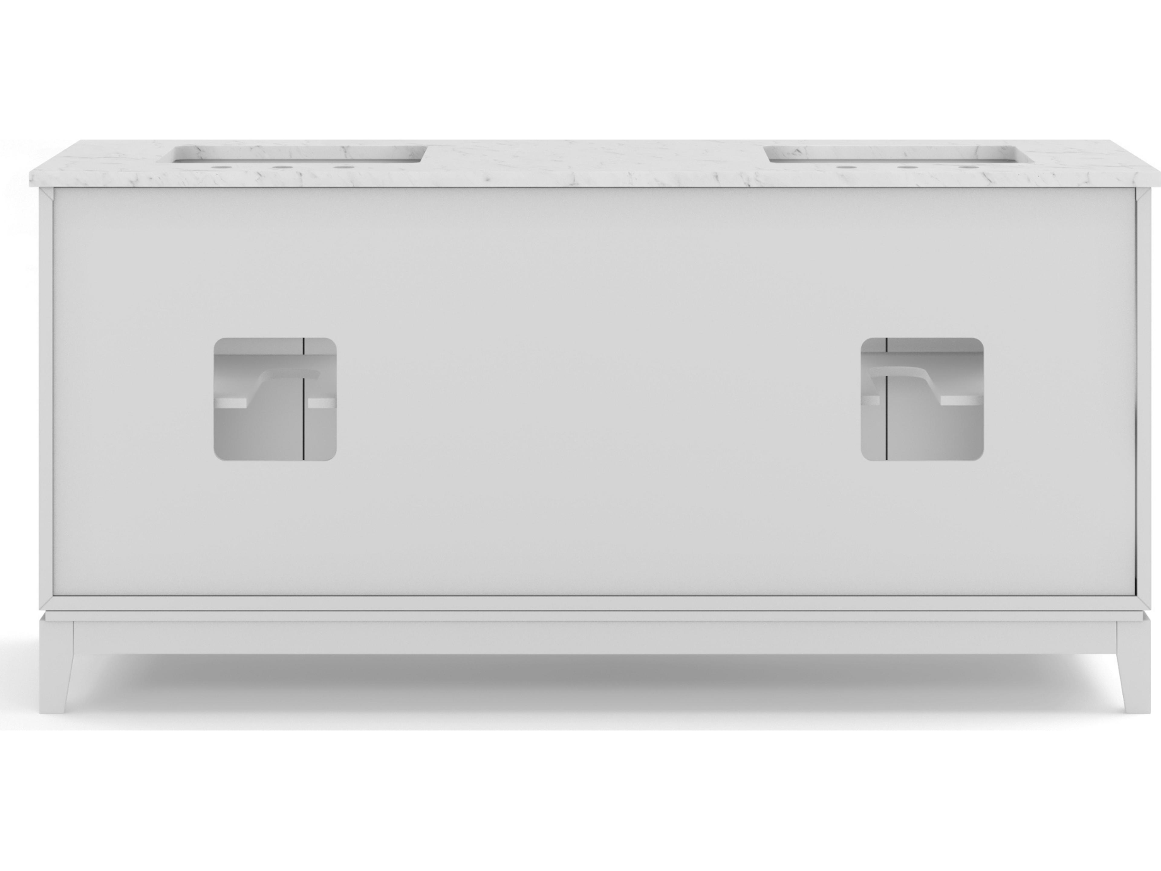 Water Creation Elizabeth Double Sink Carrara White Marble Countertop Bath Vanity In Pure White With Brushed Silver Hardware and Chrome Hook Faucet