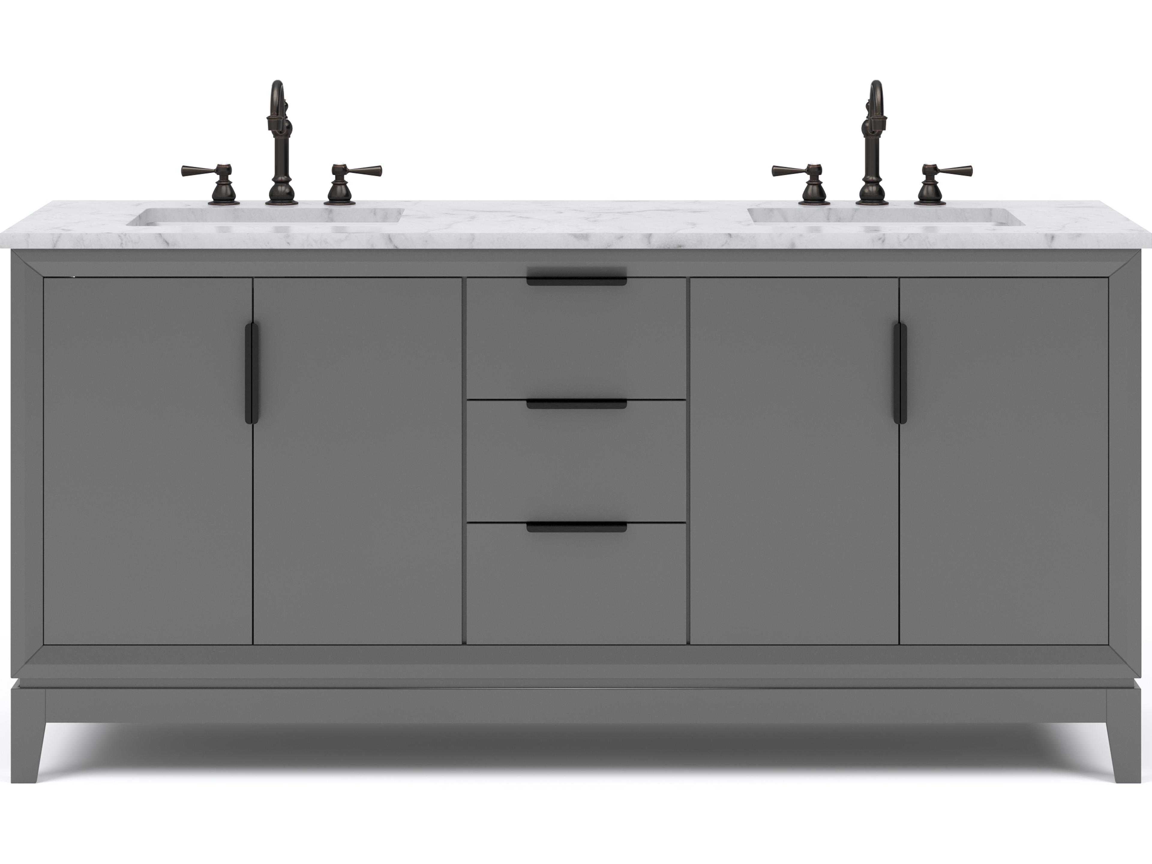 Water Creation Elizabeth Double Sink Carrara White Marble Countertop Bath Vanity In Cashmere Grey With Bronze Hardware and Oil Rubbed Bronze Hook Faucet