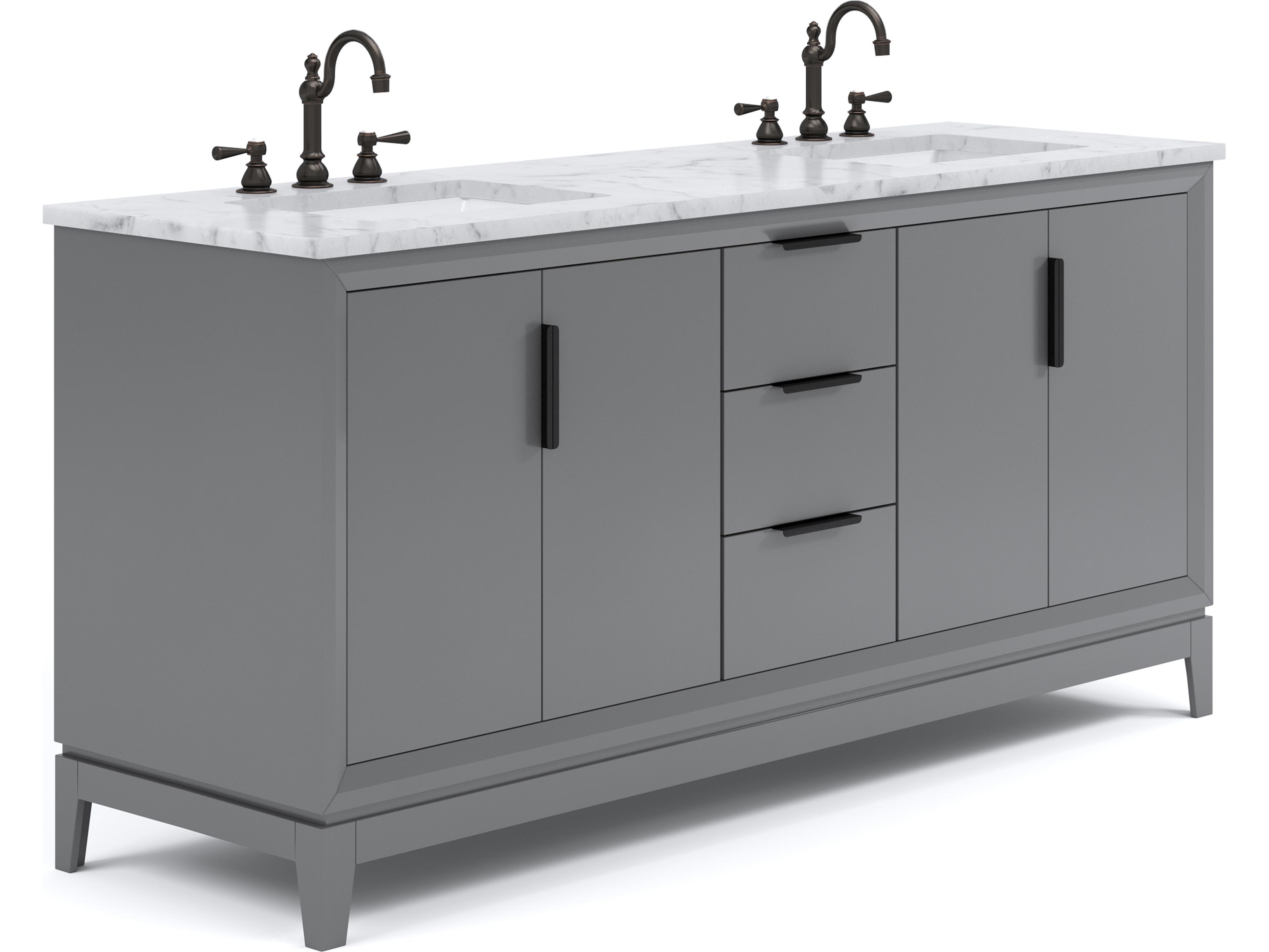 Elizabeth Double Sink Carrara White Marble Countertop Bath Vanity In Cashmere Grey With Bronze Hardware and Oil Rubbed Bronze Hook Faucet