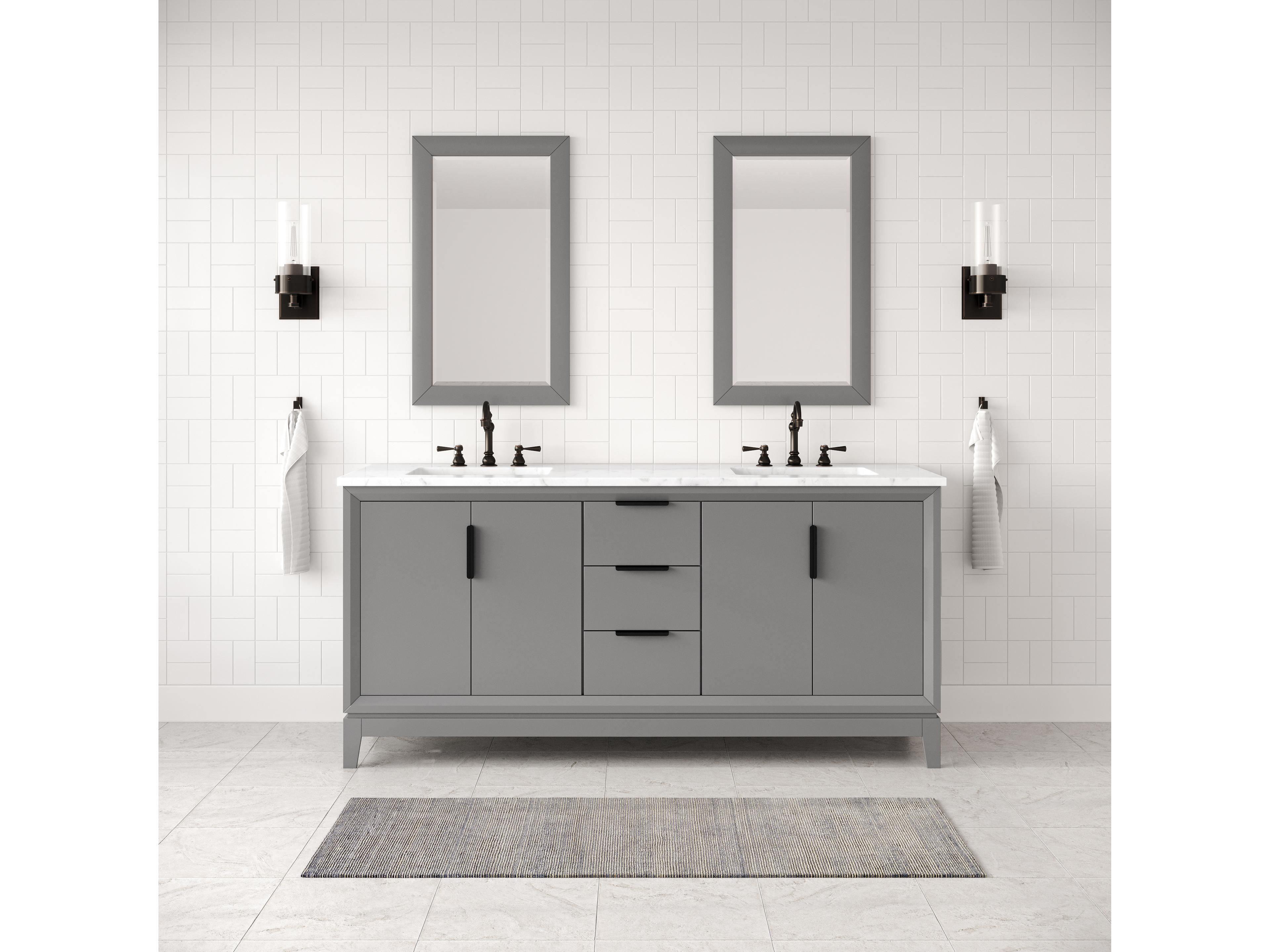 Water Creation Elizabeth Double Sink Carrara White Marble Countertop Bath Vanity In Cashmere Grey With Bronze Hardware and Rectangular Mirror (S)