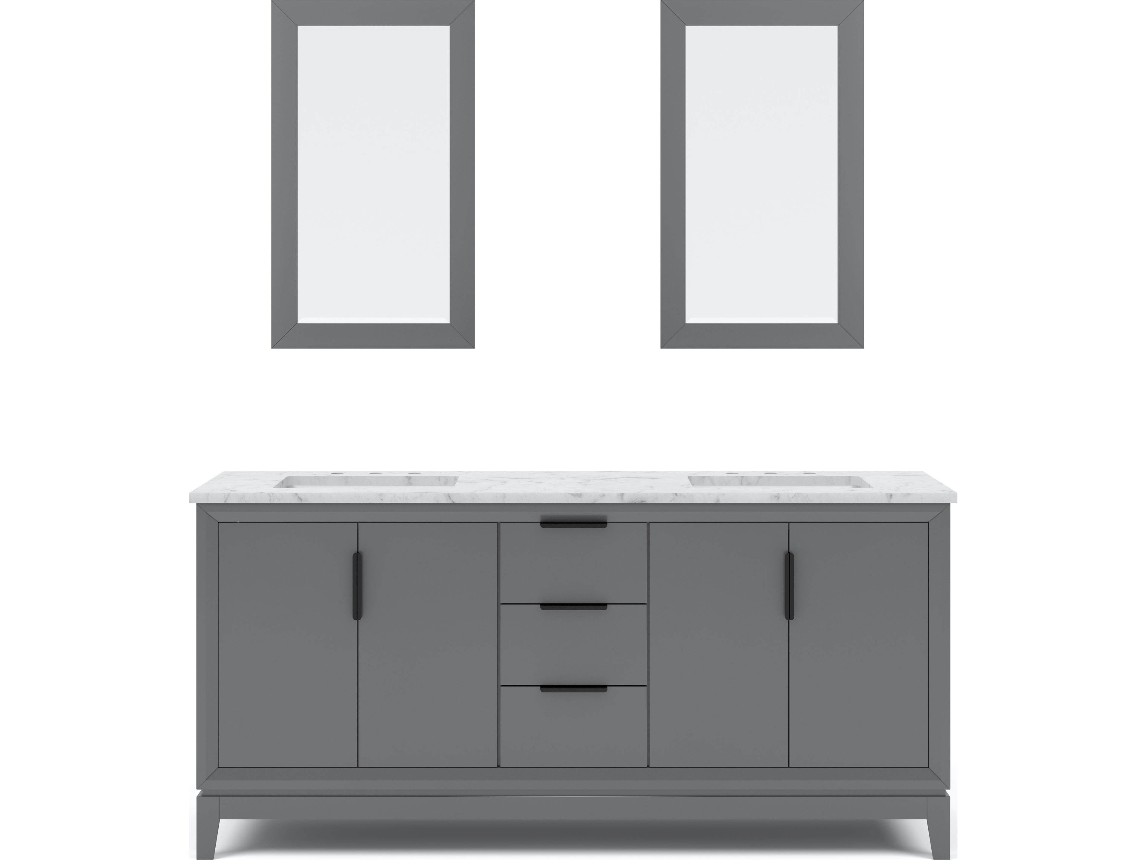 Elizabeth Double Sink Carrara White Marble Countertop Bath Vanity In Cashmere Grey With Bronze Hardware and Rectangular Mirror (S)