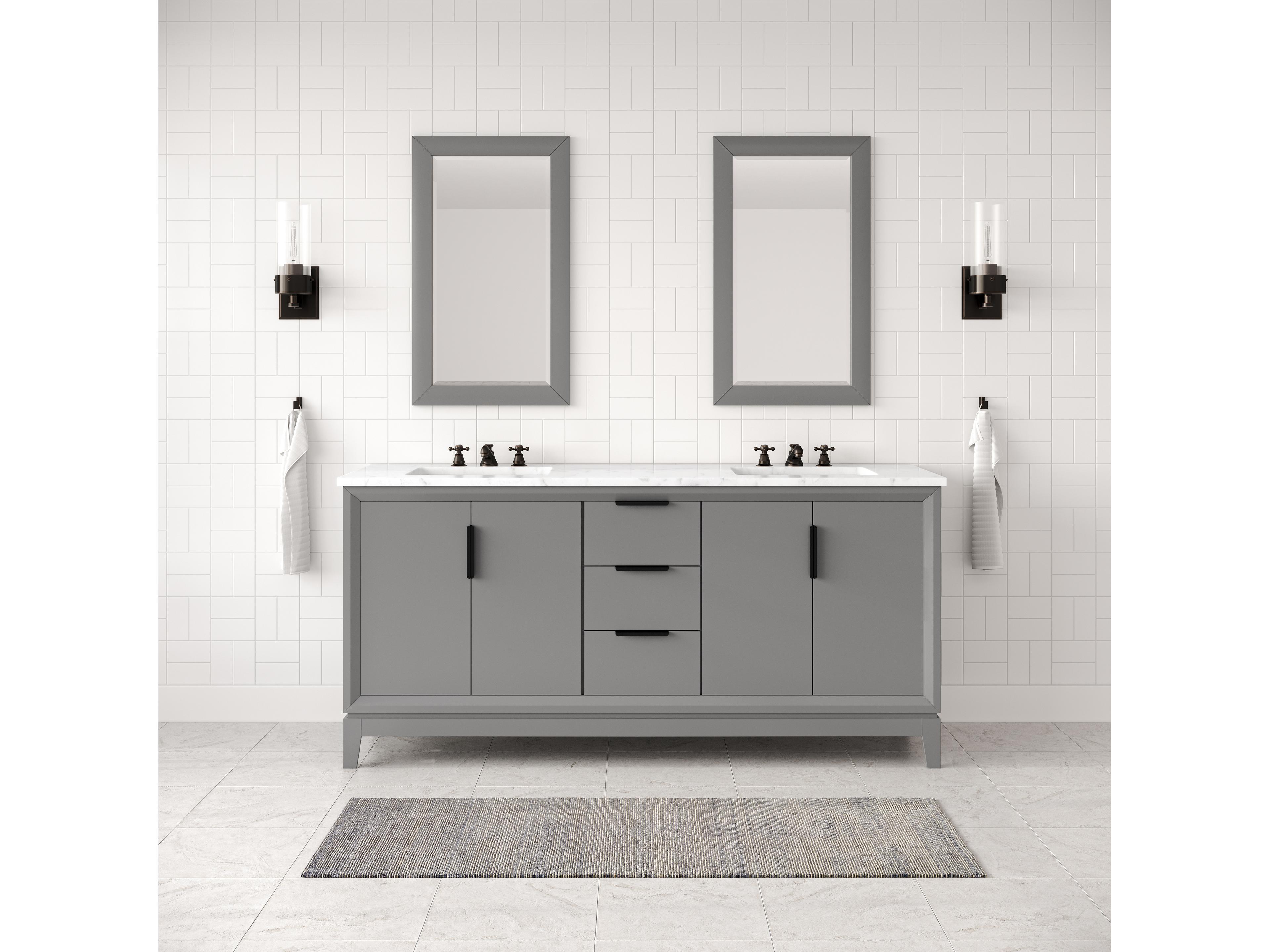 Water Creation Elizabeth Double Sink Carrara White Marble Countertop Bath Vanity In Cashmere Grey With Bronze Hardware, Oil Rubbed Bronze Classic Faucet and Rectangular Mirror (S)