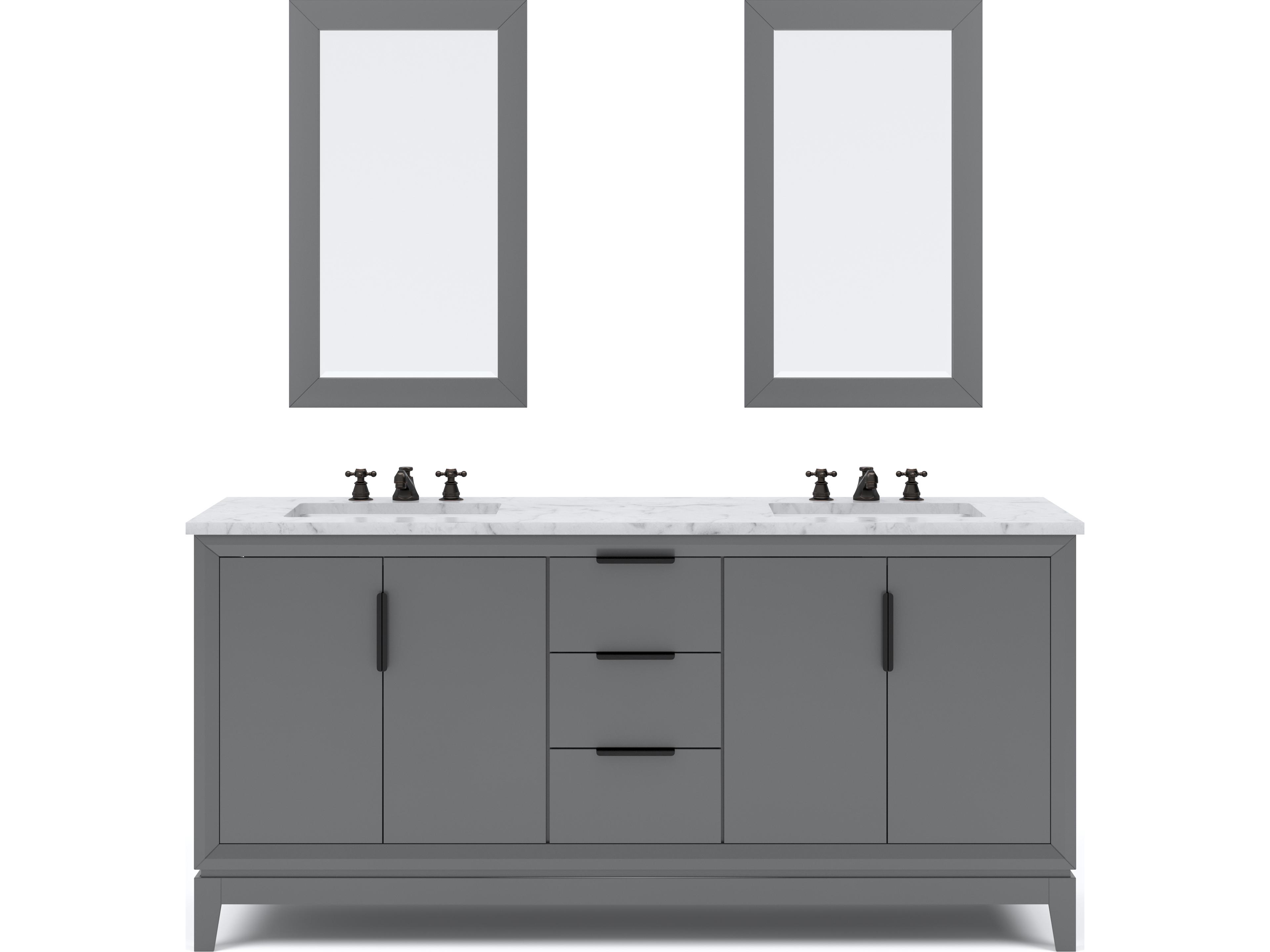 Elizabeth Double Sink Carrara White Marble Countertop Bath Vanity In Cashmere Grey With Bronze Hardware, Oil Rubbed Bronze Classic Faucet and Rectangular Mirror (S)