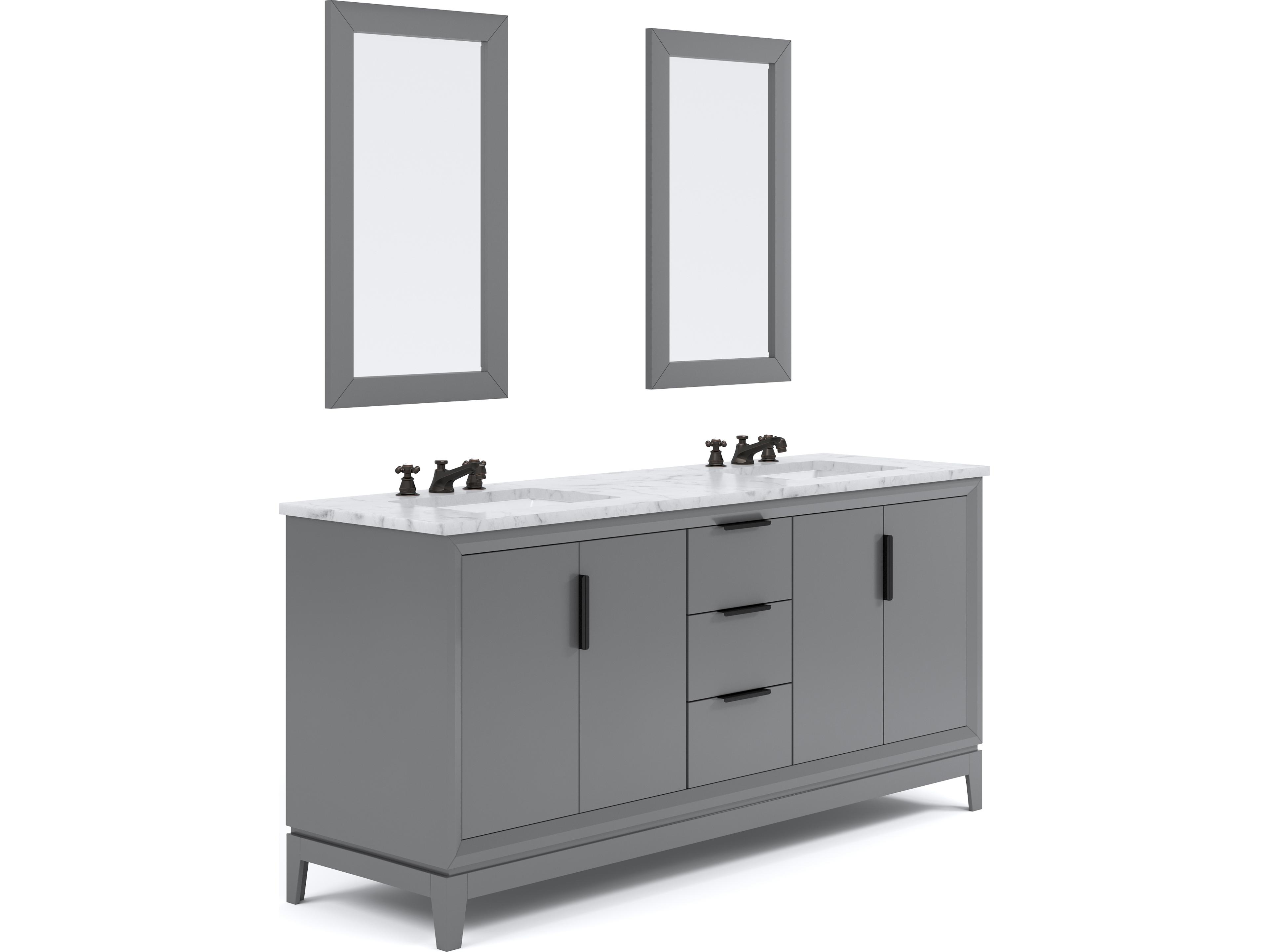 Water Creation Elizabeth Double Sink Carrara White Marble Countertop Bath Vanity In Cashmere Grey With Bronze Hardware, Oil Rubbed Bronze Classic Faucet and Rectangular Mirror (S)