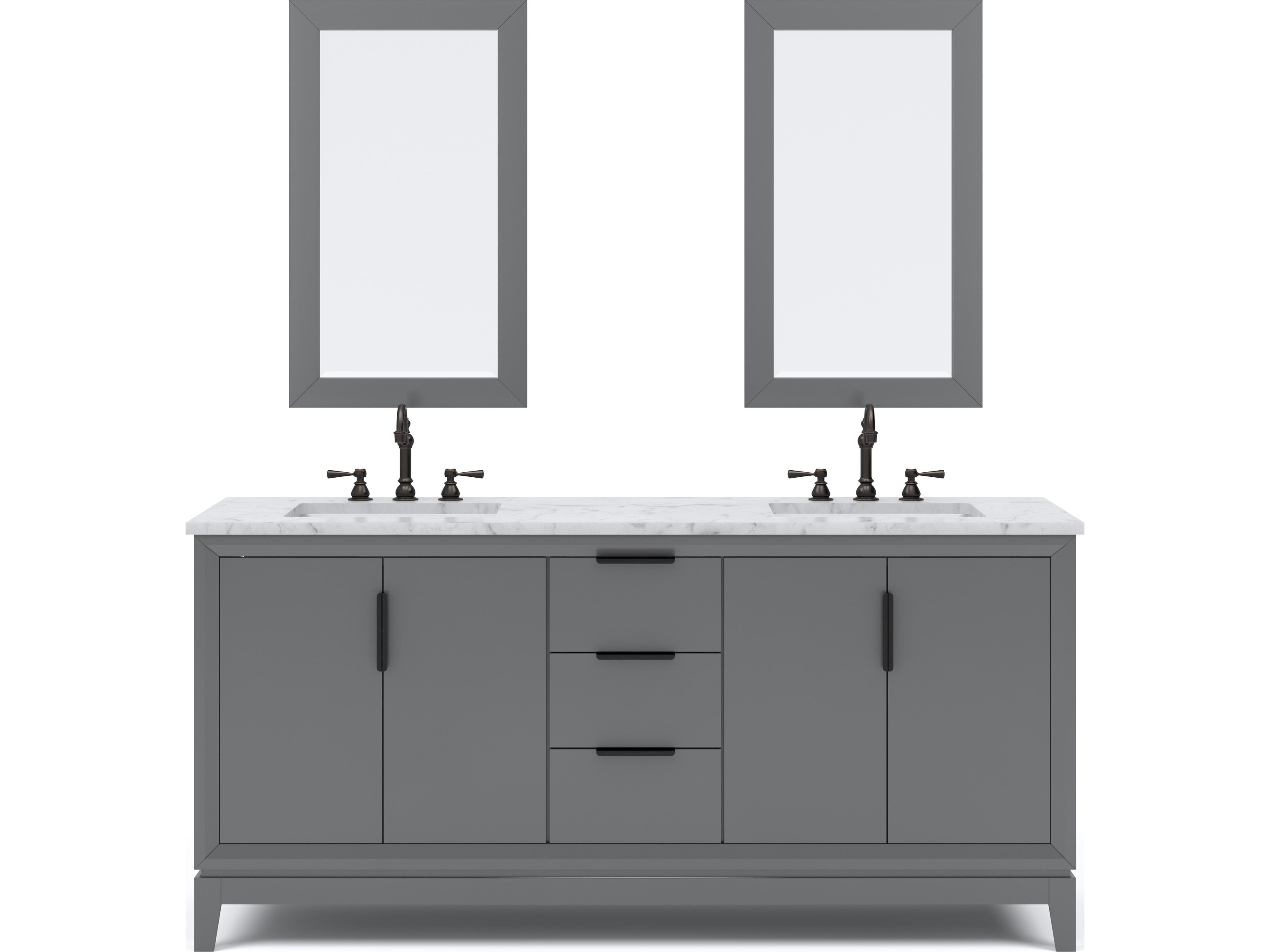 Elizabeth Double Sink Carrara White Marble Countertop Bath Vanity In Cashmere Grey With Bronze Hardware, Oil Rubbed Bronze Hook Faucet and Rectangular Mirror (S)