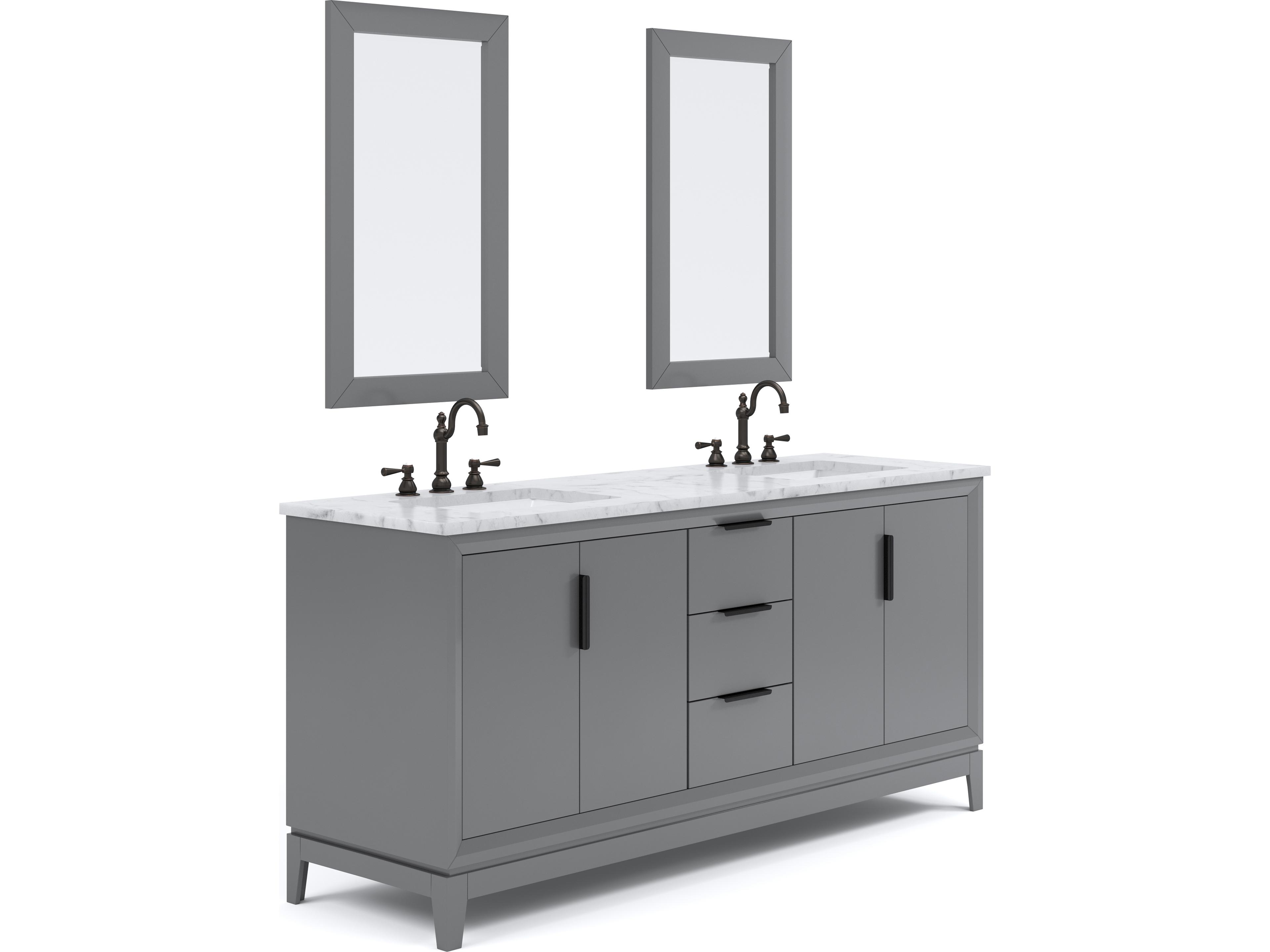 Water Creation Elizabeth Double Sink Carrara White Marble Countertop Bath Vanity In Cashmere Grey With Bronze Hardware, Oil Rubbed Bronze Hook Faucet and Rectangular Mirror (S)