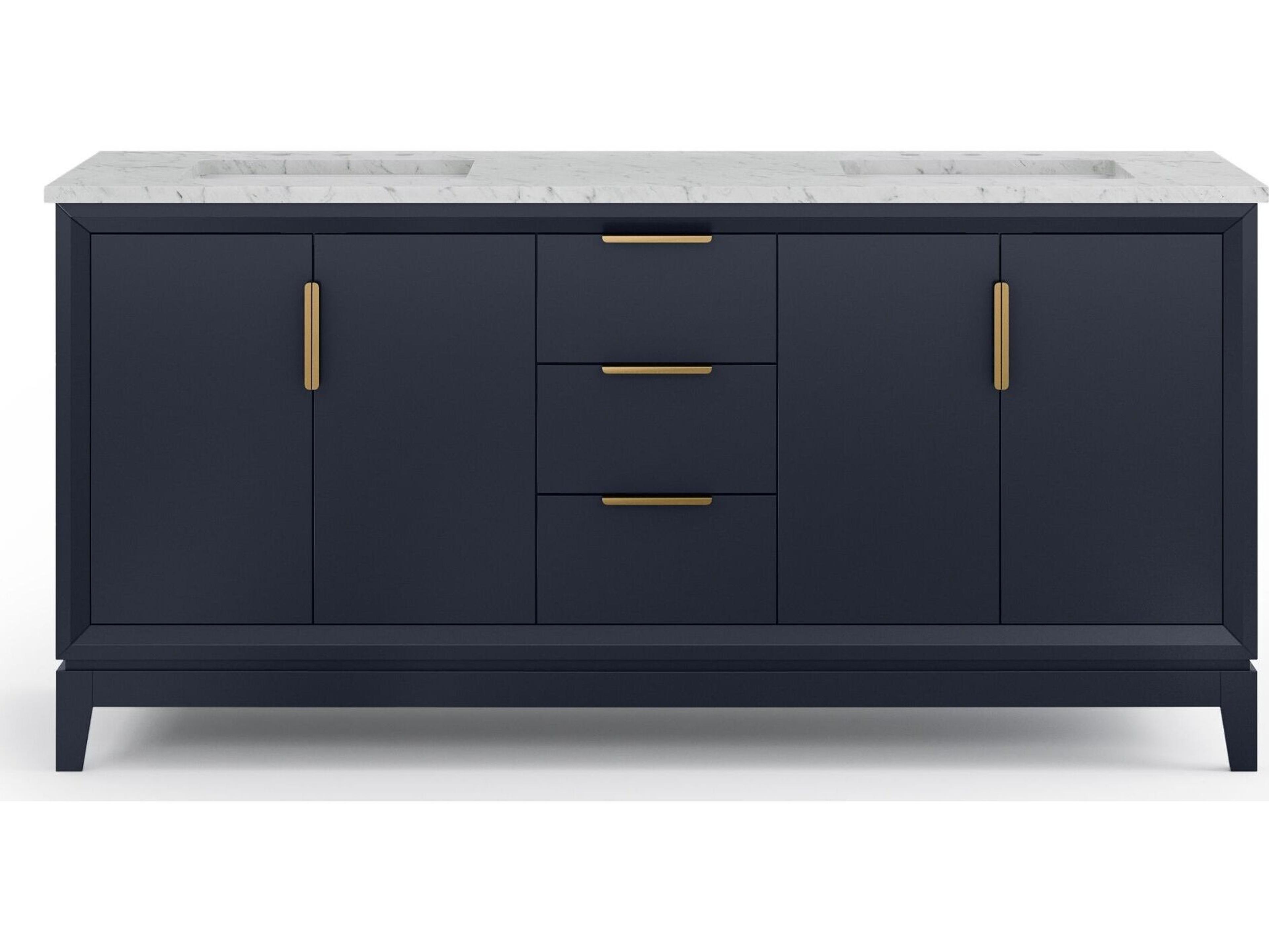 Water Creation Elizabeth Double Sink Carrara White Marble Countertop Bath Vanity In Monarch Blue with Satin Gold Hardware