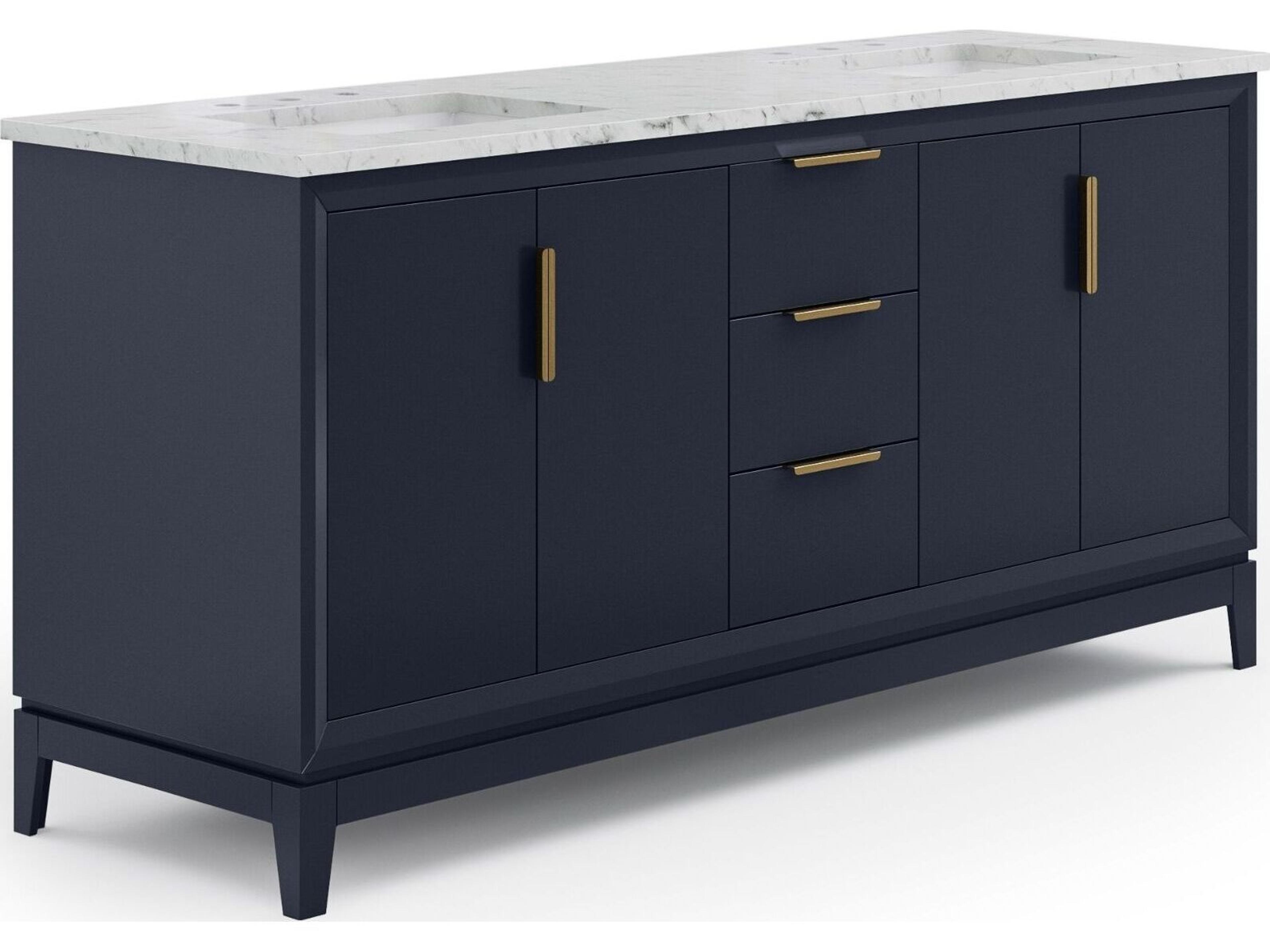 Elizabeth Double Sink Carrara White Marble Countertop Bath Vanity In Monarch Blue with Satin Gold Hardware