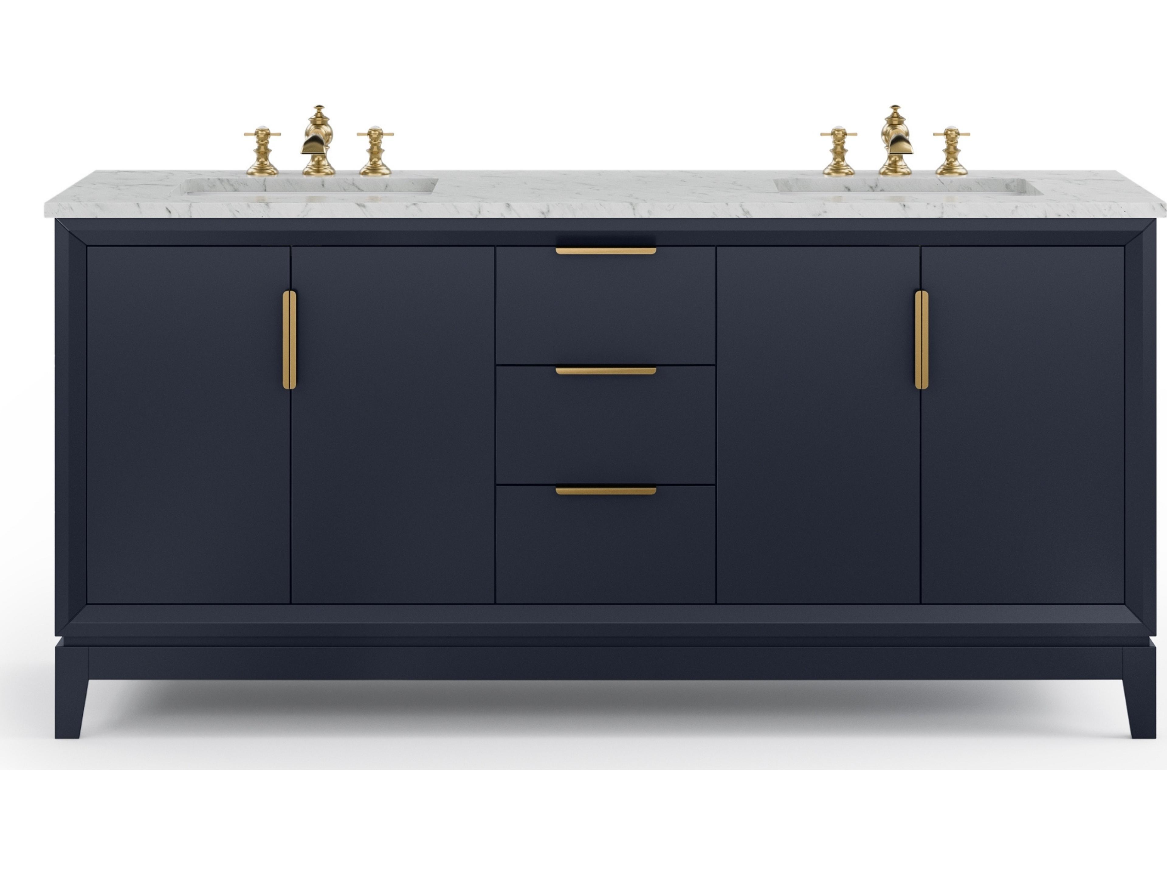 Water Creation Elizabeth Double Sink Carrara White Marble Countertop Bath Vanity In Monarch Blue With Satin Gold Hardware and Waterfall Faucet