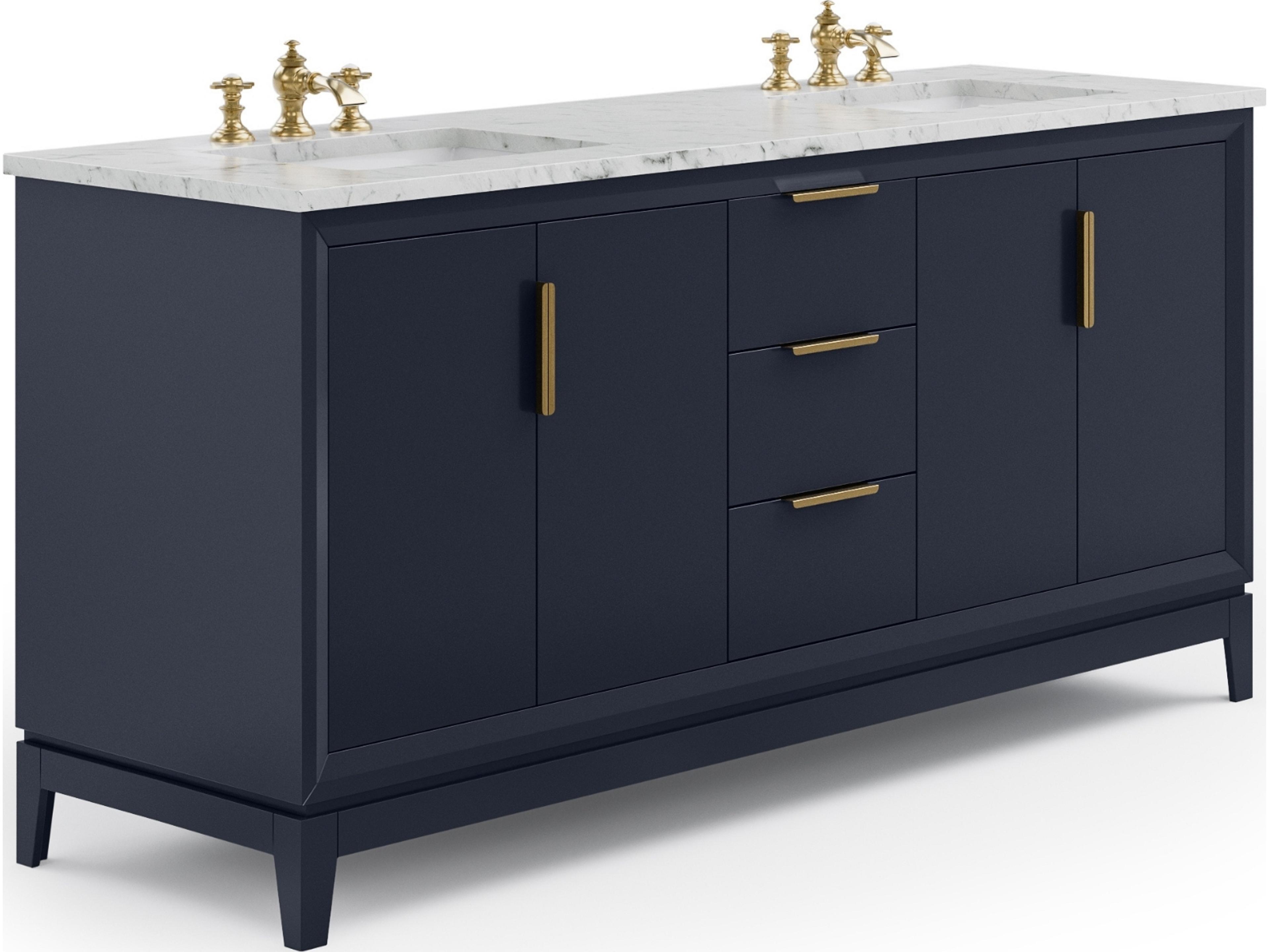 Elizabeth Double Sink Carrara White Marble Countertop Bath Vanity In Monarch Blue With Satin Gold Hardware and Waterfall Faucet