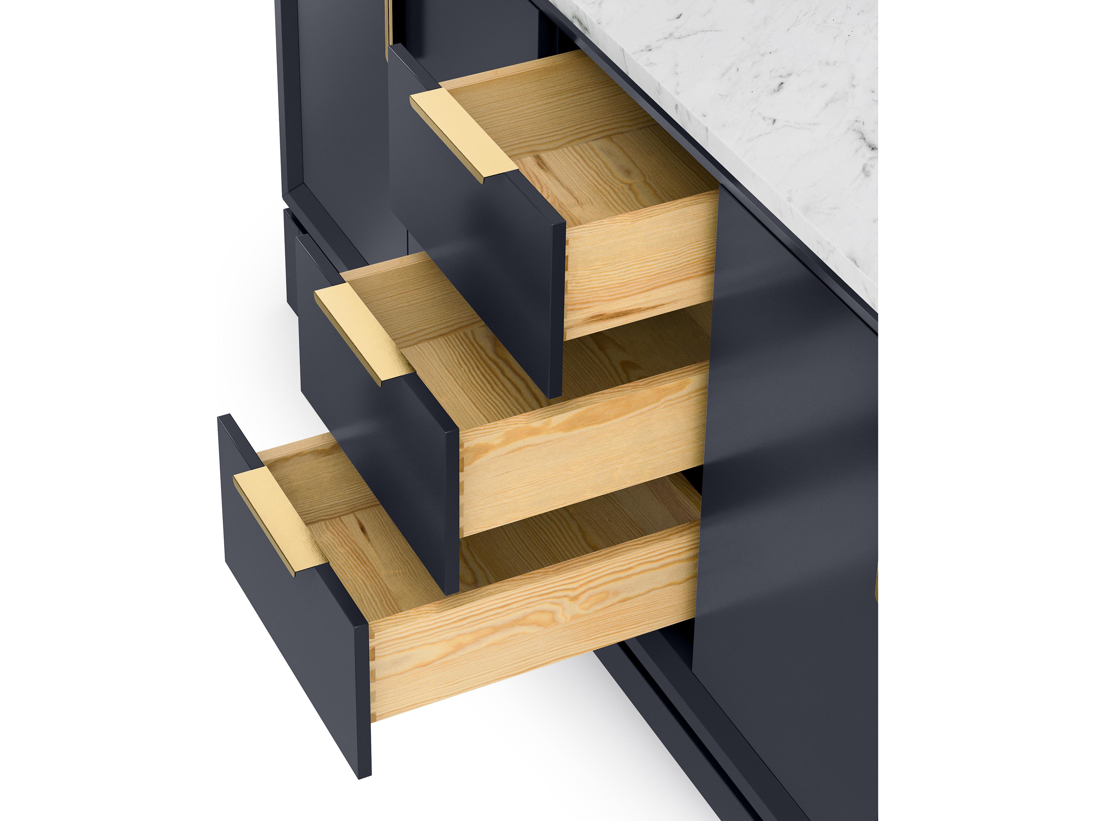 Water Creation Elizabeth Double Sink Carrara White Marble Countertop Bath Vanity In Monarch Blue With Satin Gold Hardware and Waterfall Faucet