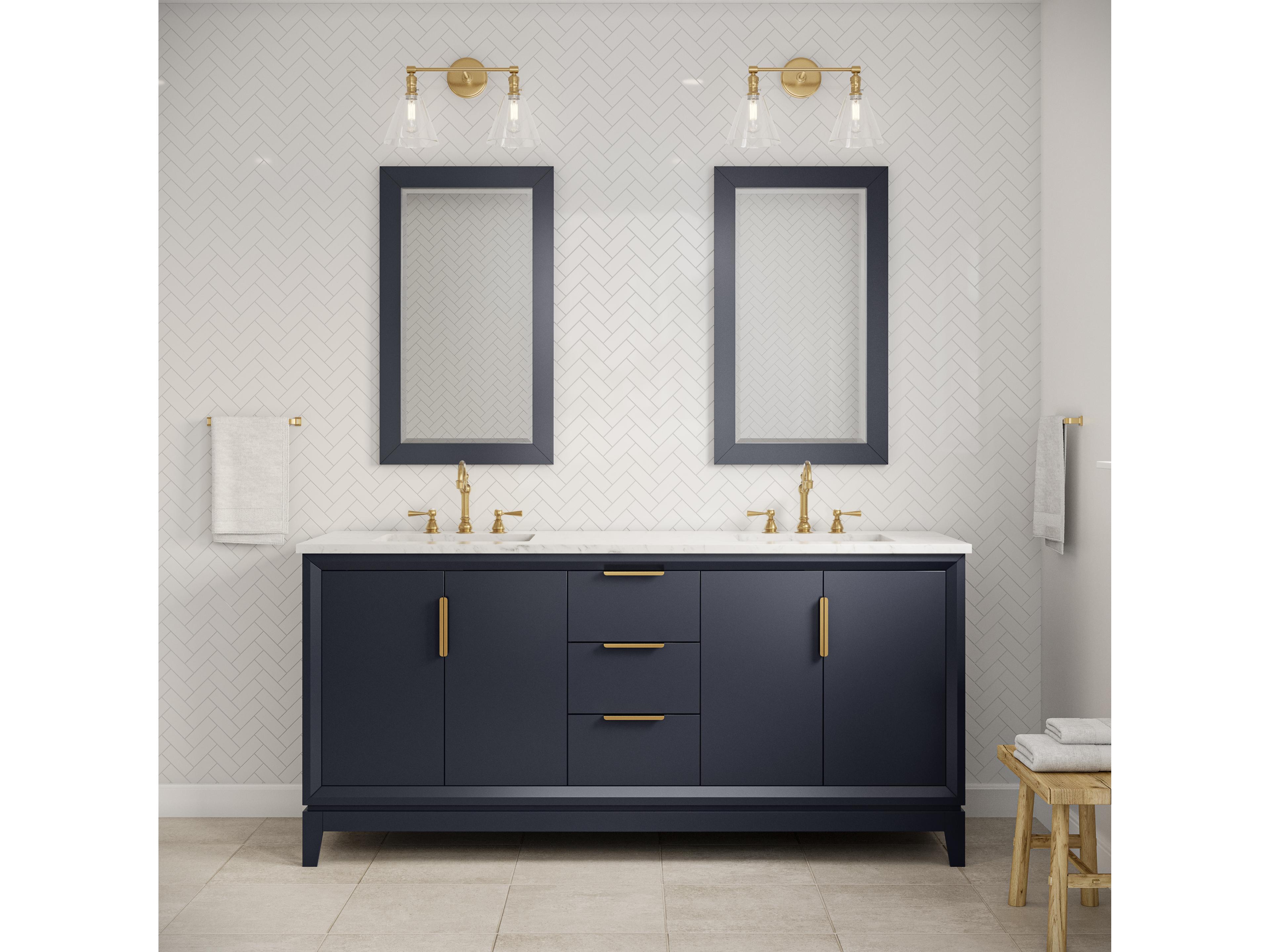 Water Creation Elizabeth Double Sink Carrara White Marble Countertop Bath Vanity In Monarch Blue With Satin Gold Hardware and Hook Faucet