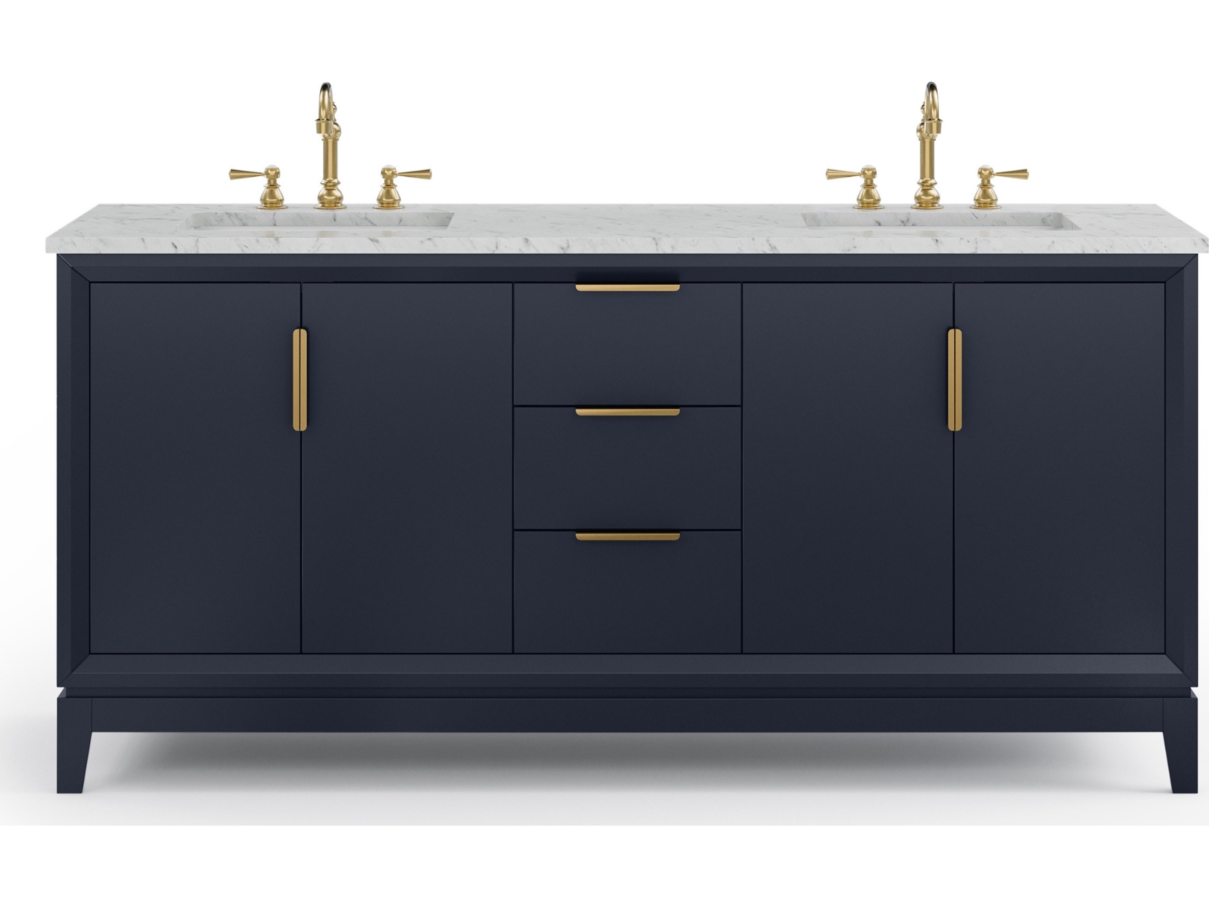 Water Creation Elizabeth Double Sink Carrara White Marble Countertop Bath Vanity In Monarch Blue With Satin Gold Hardware and Hook Faucet