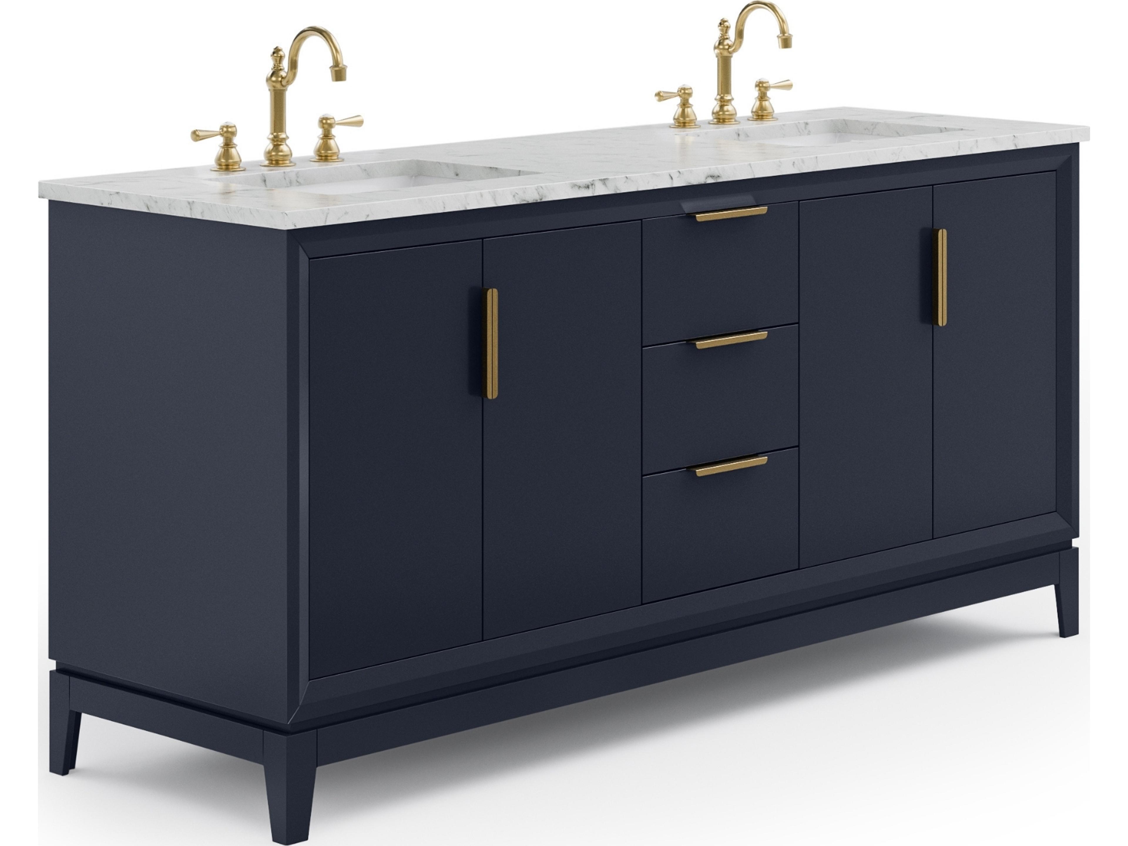 Elizabeth Double Sink Carrara White Marble Countertop Bath Vanity In Monarch Blue With Satin Gold Hardware and Hook Faucet
