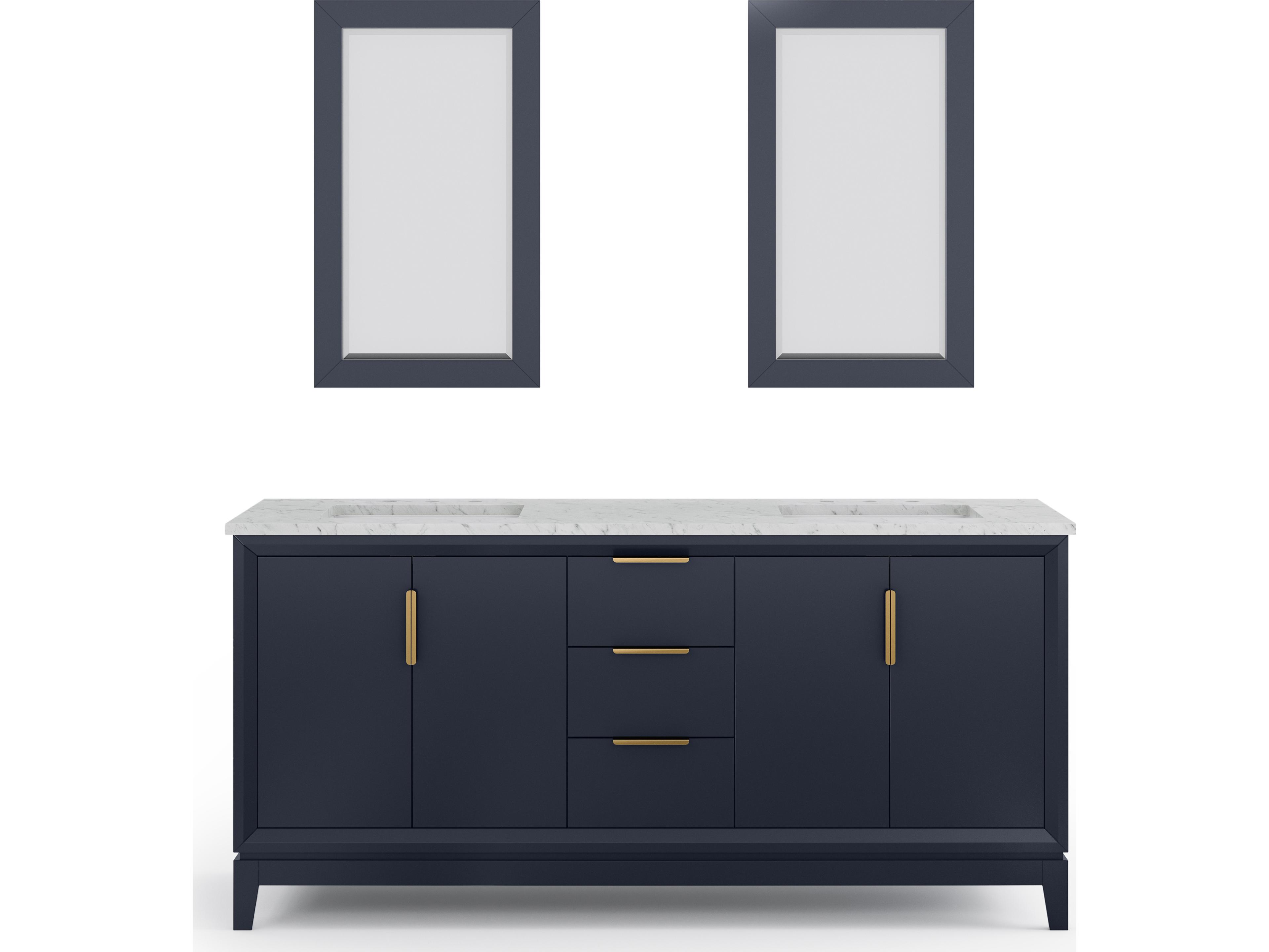 Elizabeth Double Sink Carrara White Marble Countertop Bath Vanity In Monarch Blue With Satin Gold Hardware and Rectangular Mirror (S)