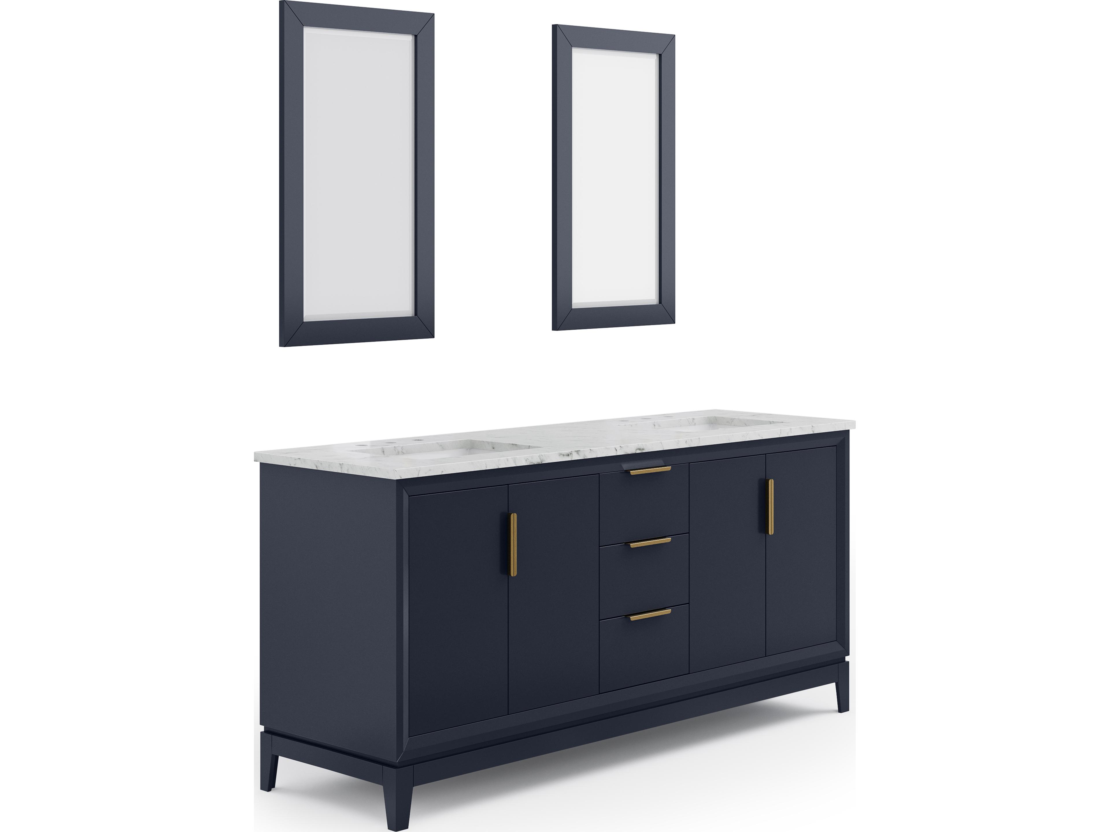 Water Creation Elizabeth Double Sink Carrara White Marble Countertop Bath Vanity In Monarch Blue With Satin Gold Hardware and Rectangular Mirror (S)