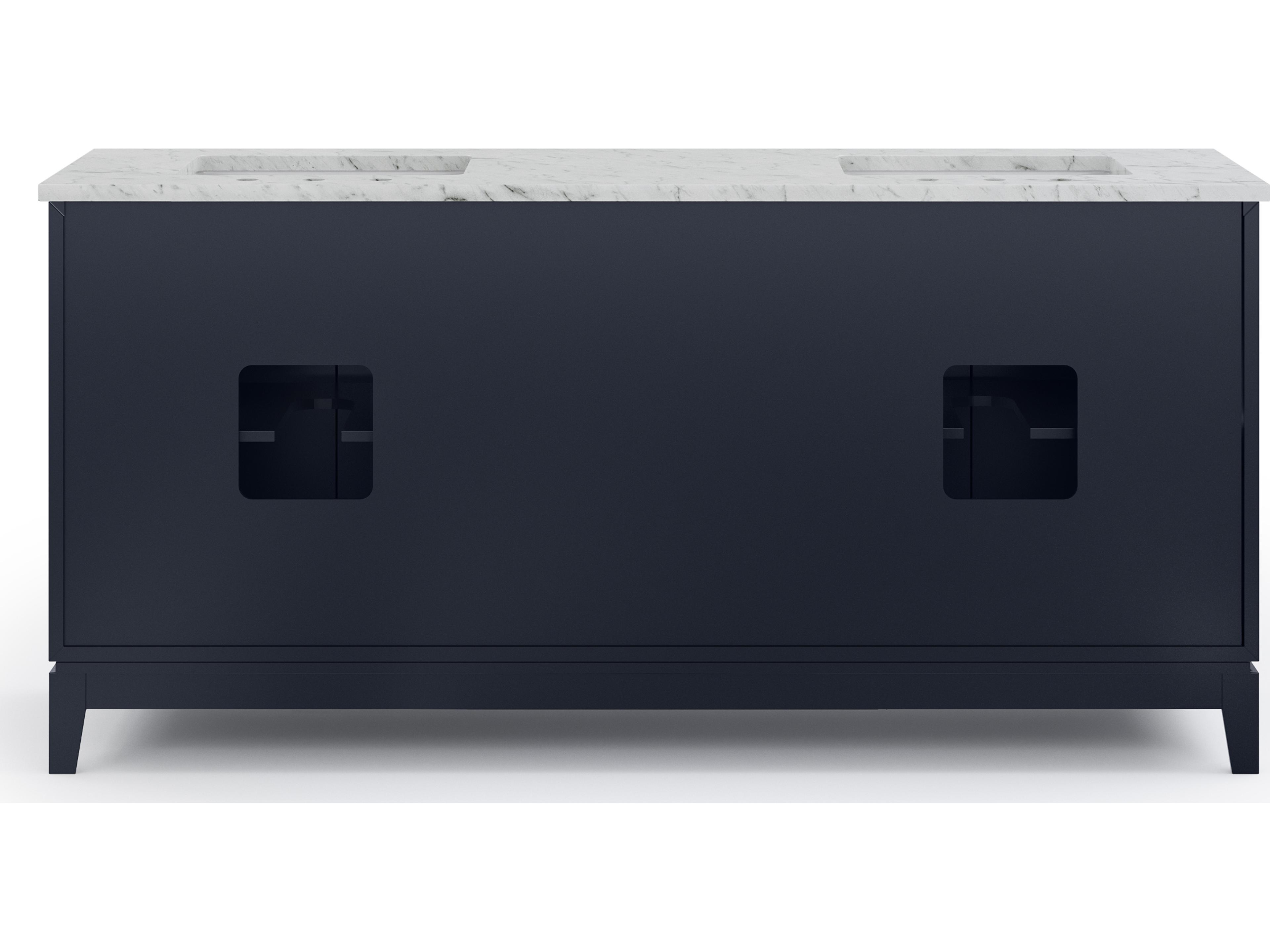 Water Creation Elizabeth Double Sink Carrara White Marble Countertop Bath Vanity In Monarch Blue With Satin Gold Hardware and Rectangular Mirror (S)