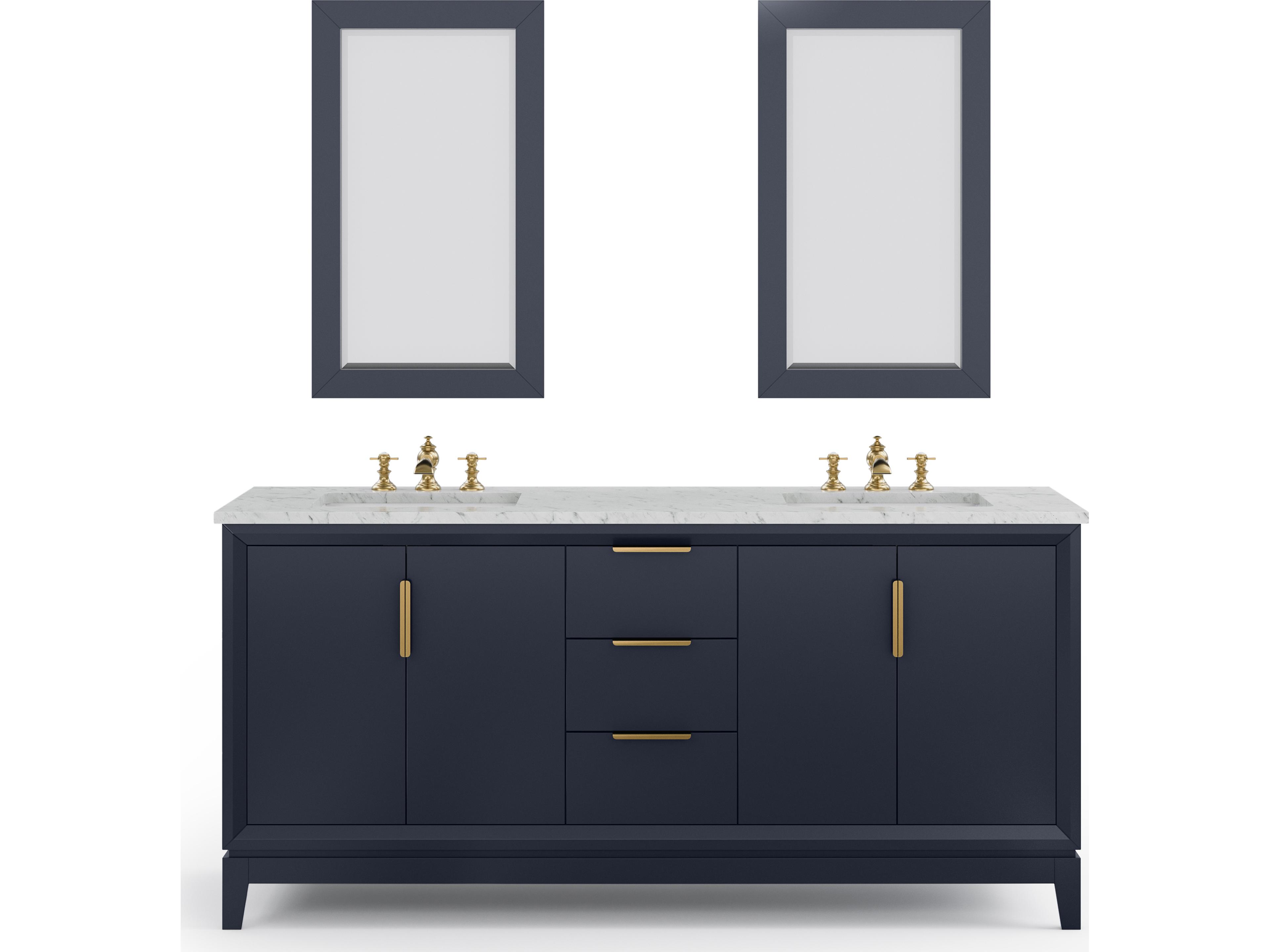 Elizabeth Double Sink Carrara White Marble Countertop Bath Vanity In Monarch Blue With Satin Gold Hardware, Waterfall Faucet and Rectangular Mirror (S)