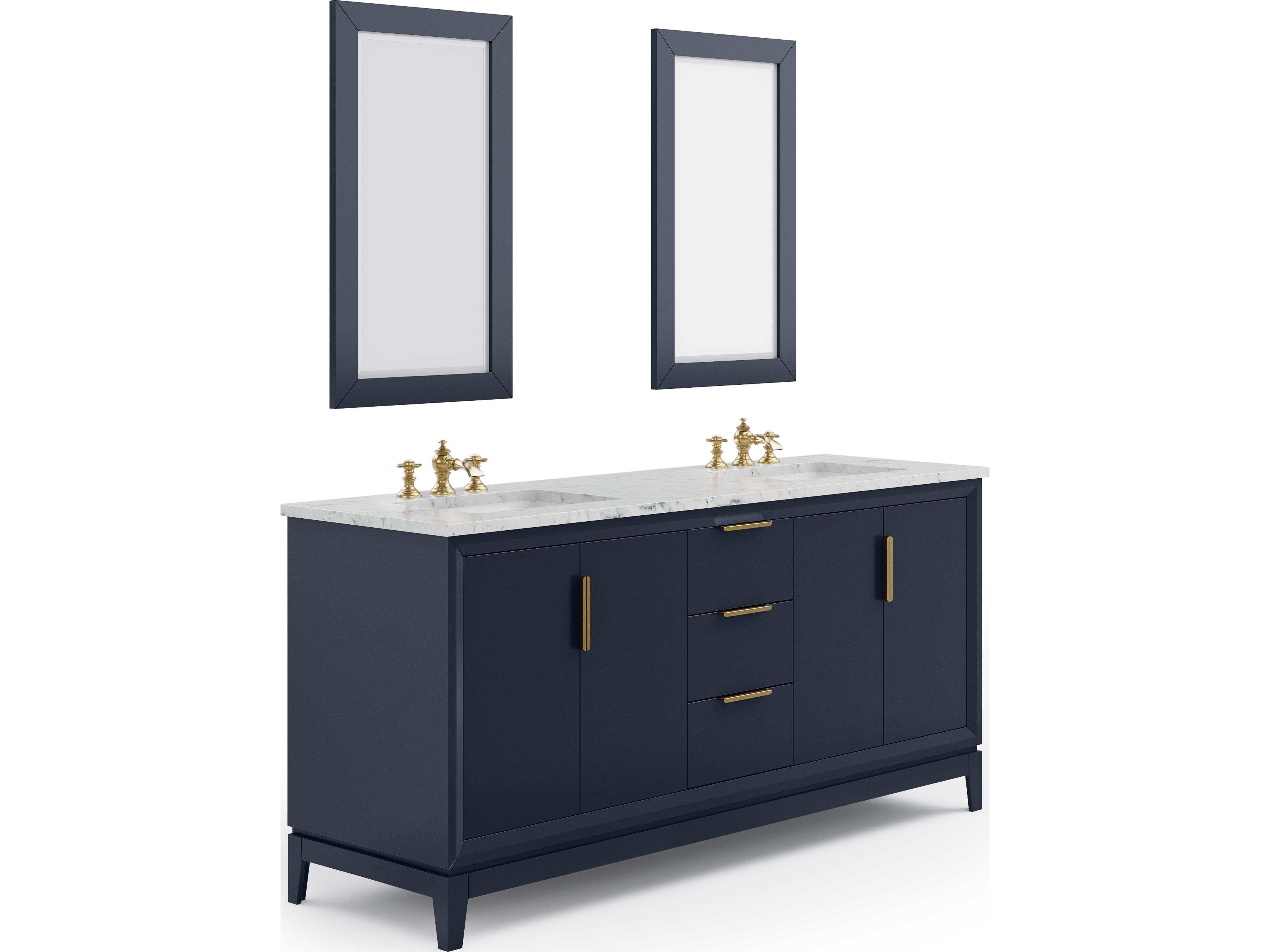 Water Creation Elizabeth Double Sink Carrara White Marble Countertop Bath Vanity In Monarch Blue With Satin Gold Hardware, Waterfall Faucet and Rectangular Mirror (S)