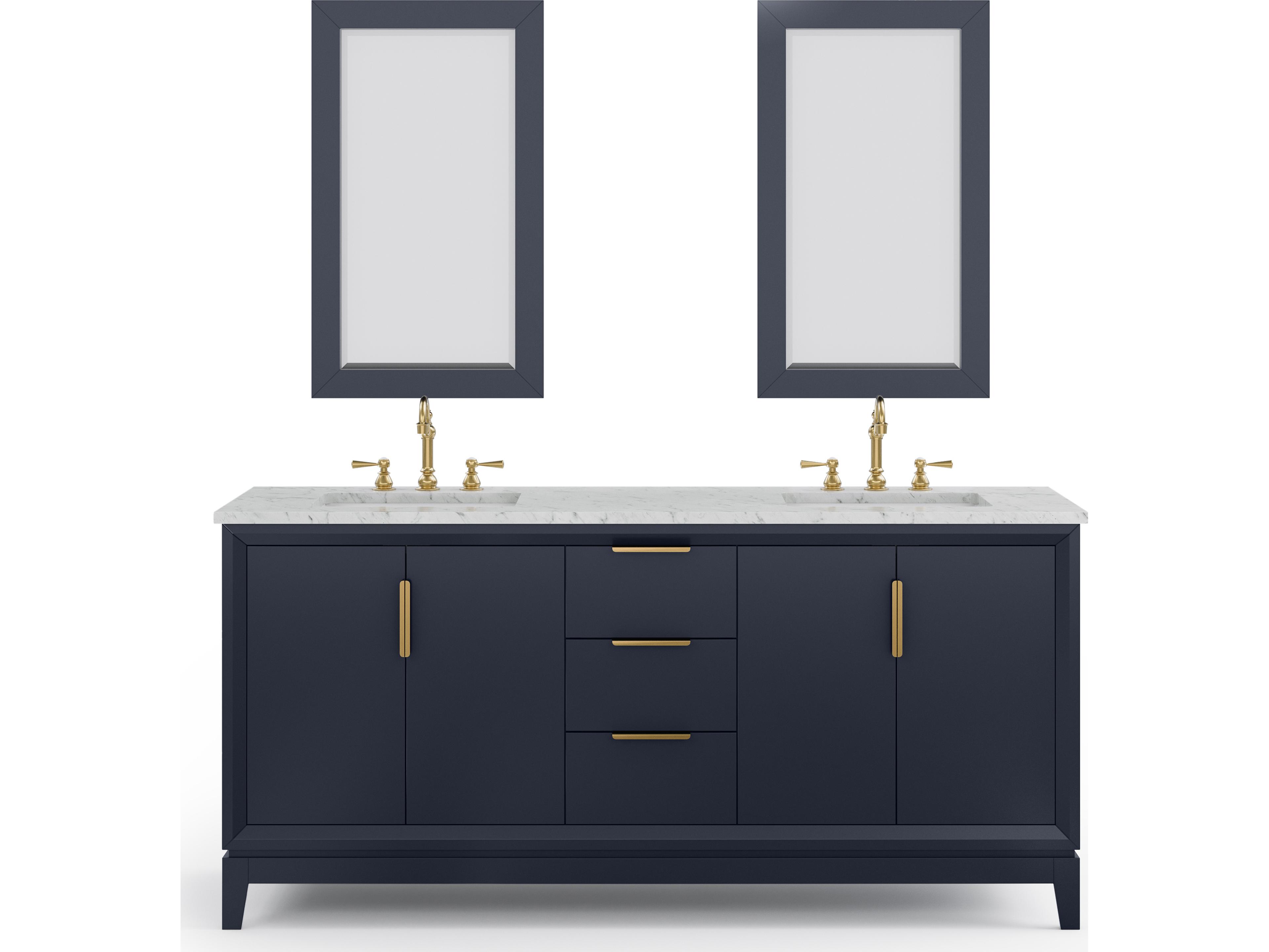 Elizabeth Double Sink Carrara White Marble Countertop Bath Vanity In Monarch Blue With Satin Gold Hardware, Hook Faucet and Rectangular Mirror (S)