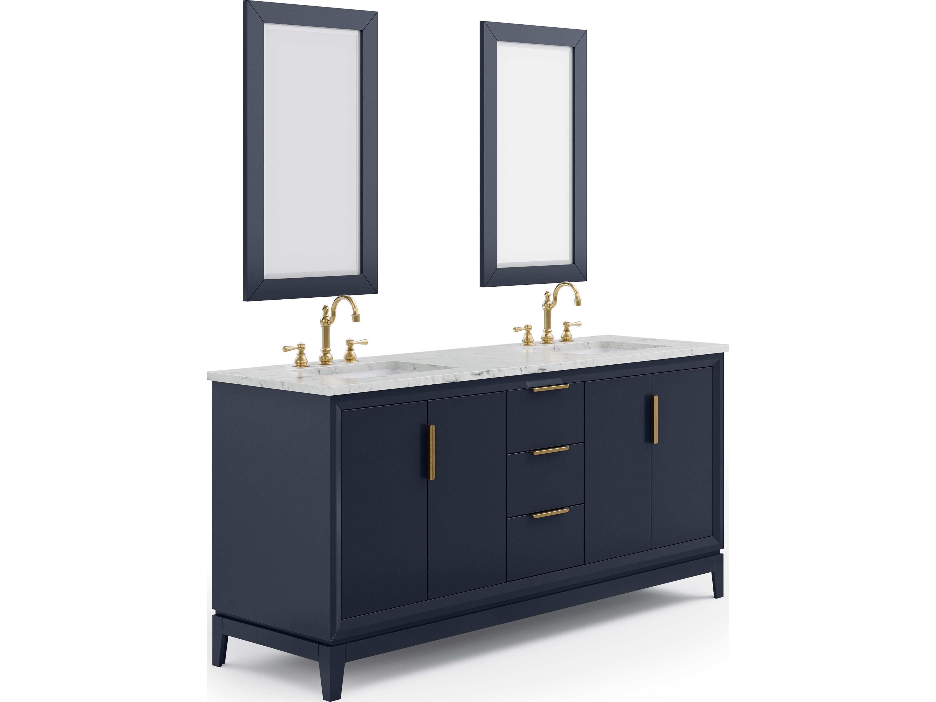 Water Creation Elizabeth Double Sink Carrara White Marble Countertop Bath Vanity In Monarch Blue With Satin Gold Hardware, Hook Faucet and Rectangular Mirror (S)