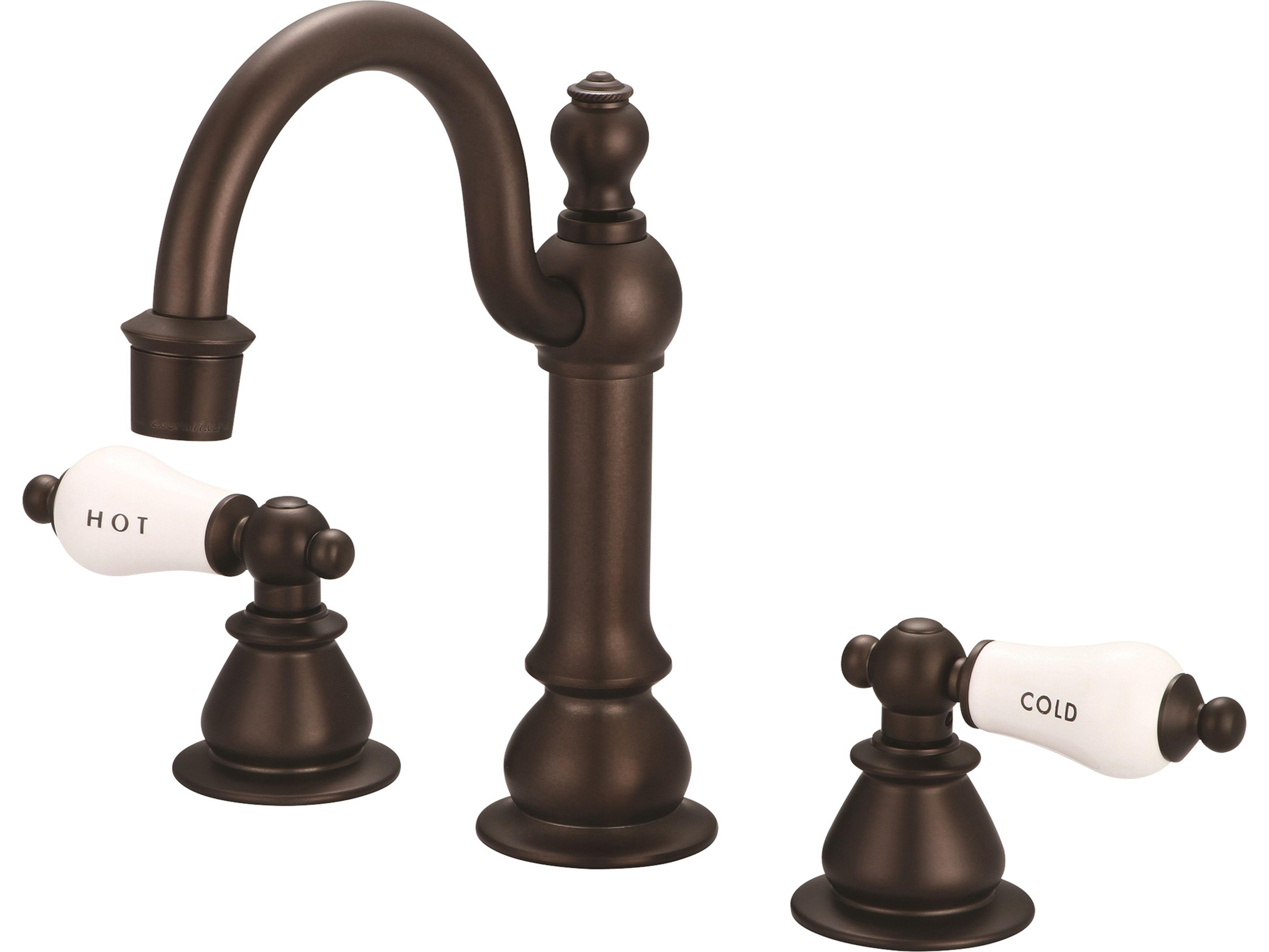 Bea Classic Hook Spout Widespread Deck Mount Lavatory Faucets With Pop-Up Drain in Oil-Rubbed Bronze Finish With Porcelain Lever Handles