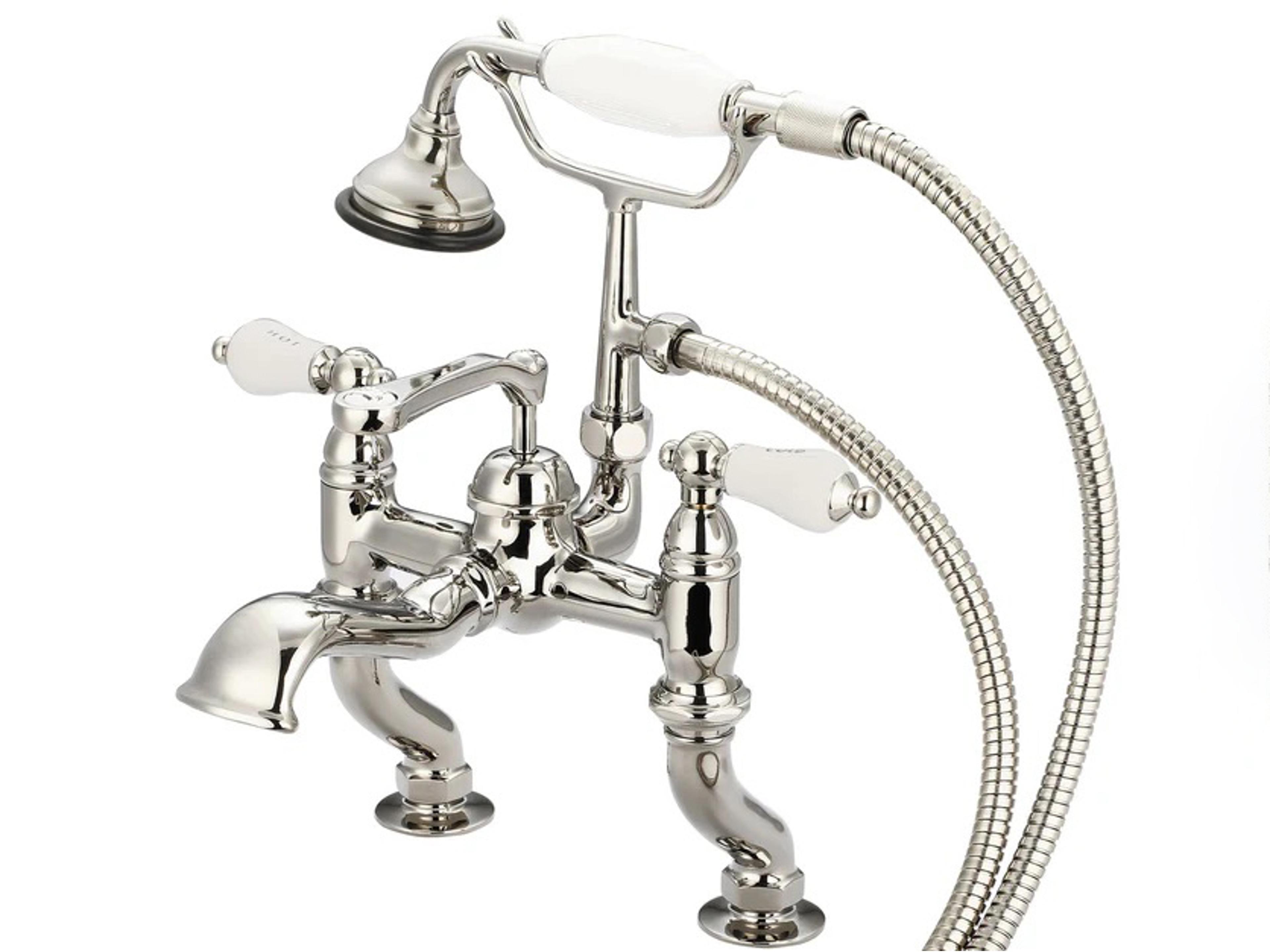 Cara 3-Handle Vintage Claw Foot Tub Faucet with Labeled Porcelain Lever Handles and Hand Shower in Polished Nickel (PVD)