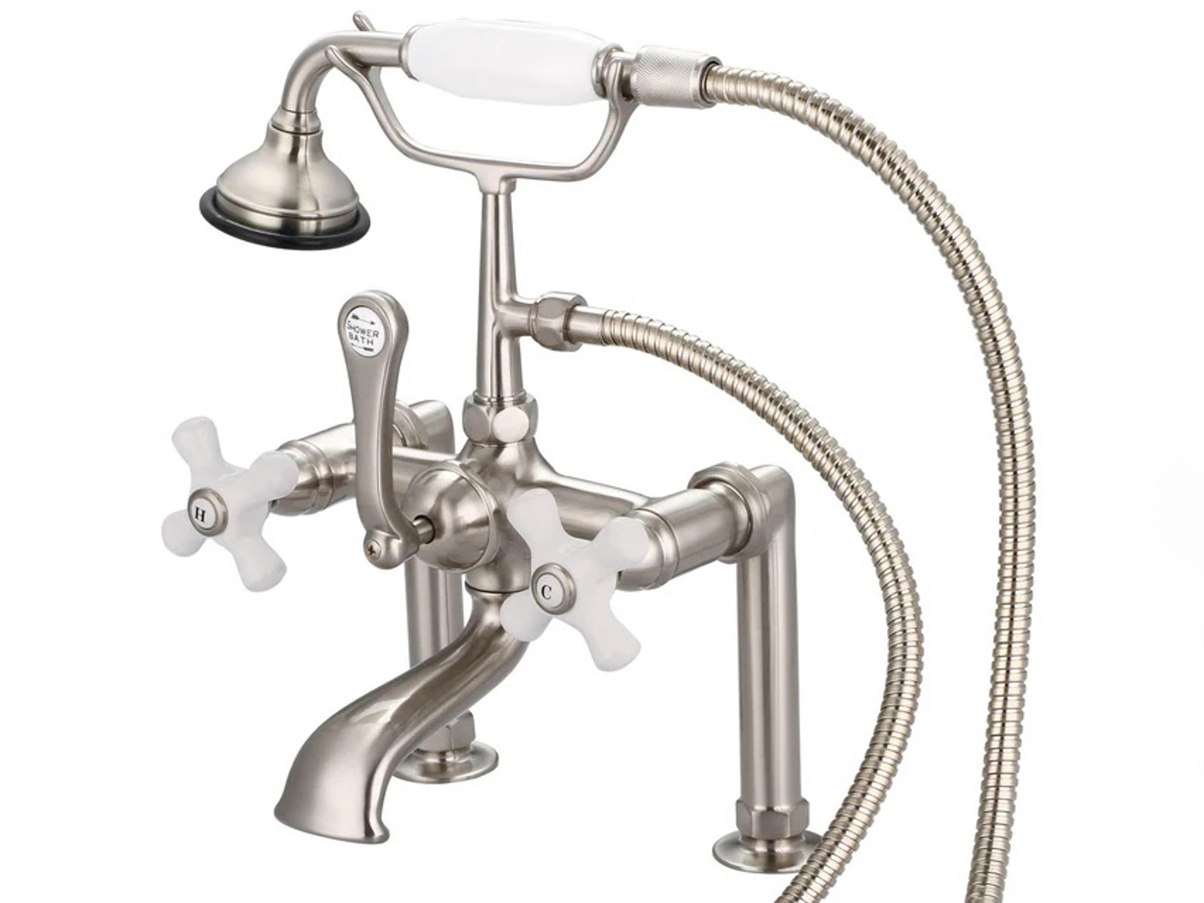 Hera 3-Handle Vintage Claw Foot Tub Faucet with Hand Shower and Porcelain Cross Handles in Brush Nickel