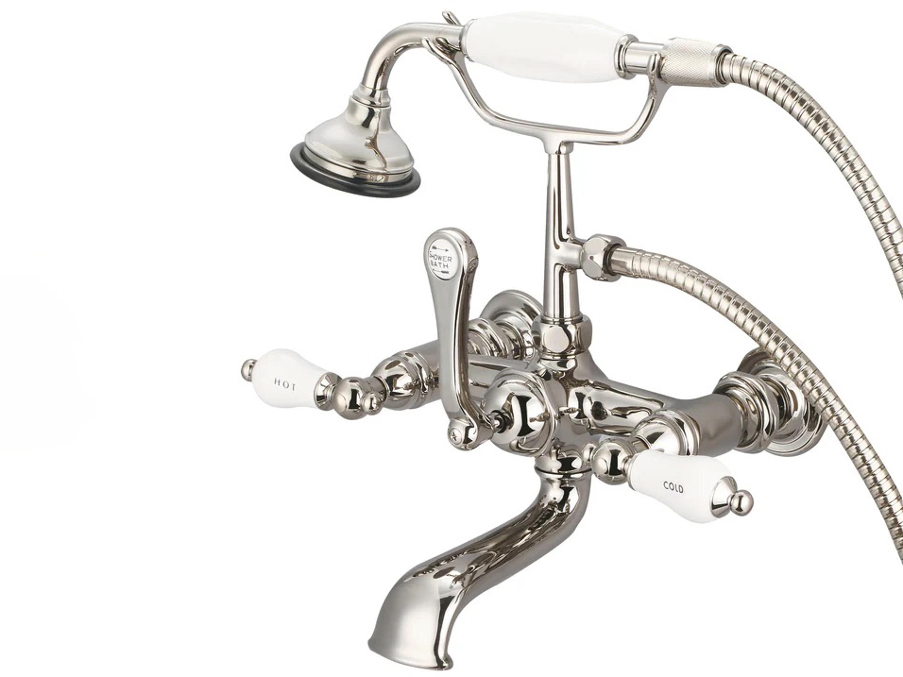 Reva 3-Handle Vintage Claw Foot Tub Faucet with Labeled Porcelain Lever Handles and Hand Shower in Polished Nickel (PVD)