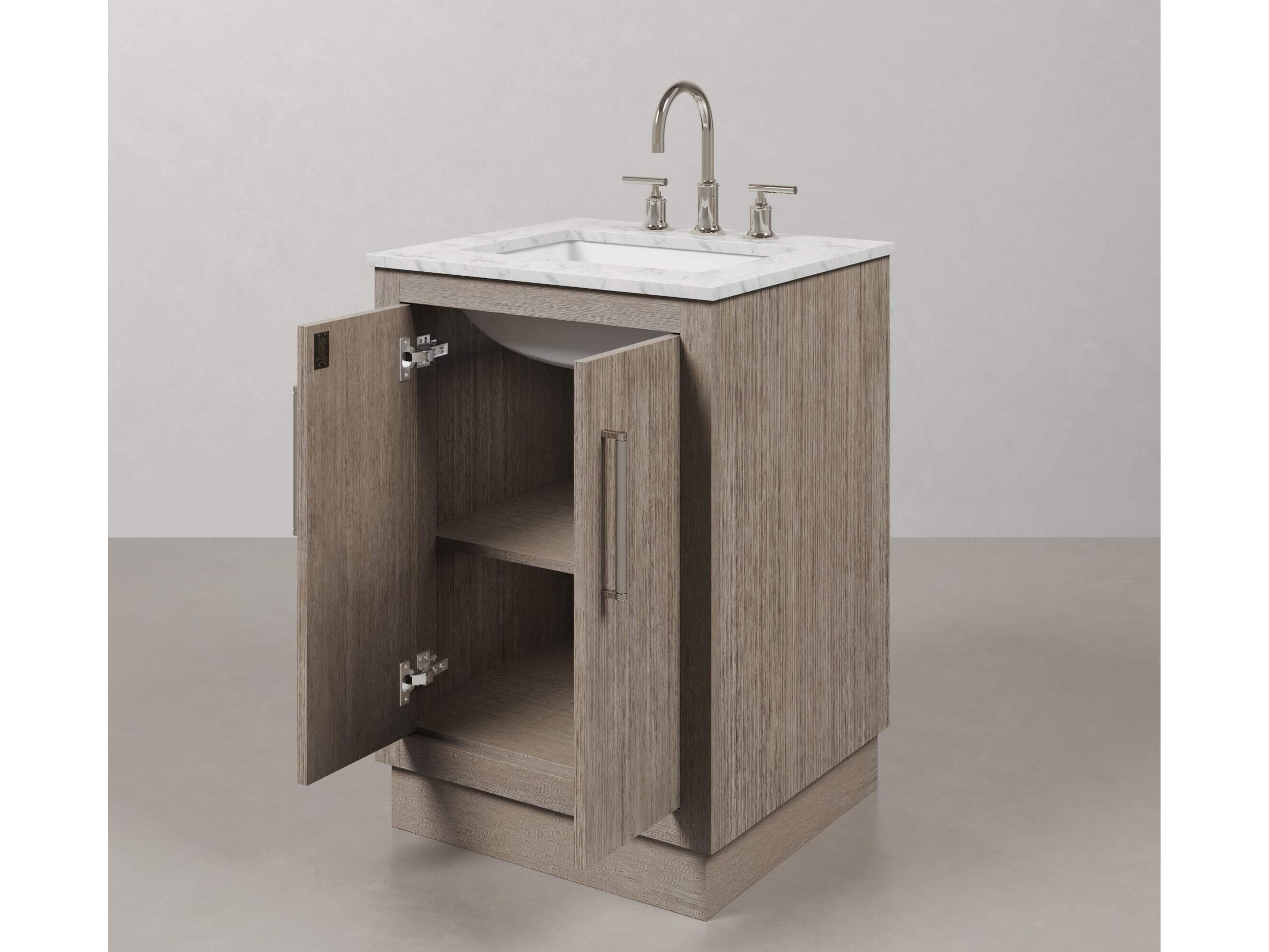 Water Creation Hugo Vanity in Grey Oak with Chrome Hardware, Gooseneck Faucet and Rectangular Mirror (S)
