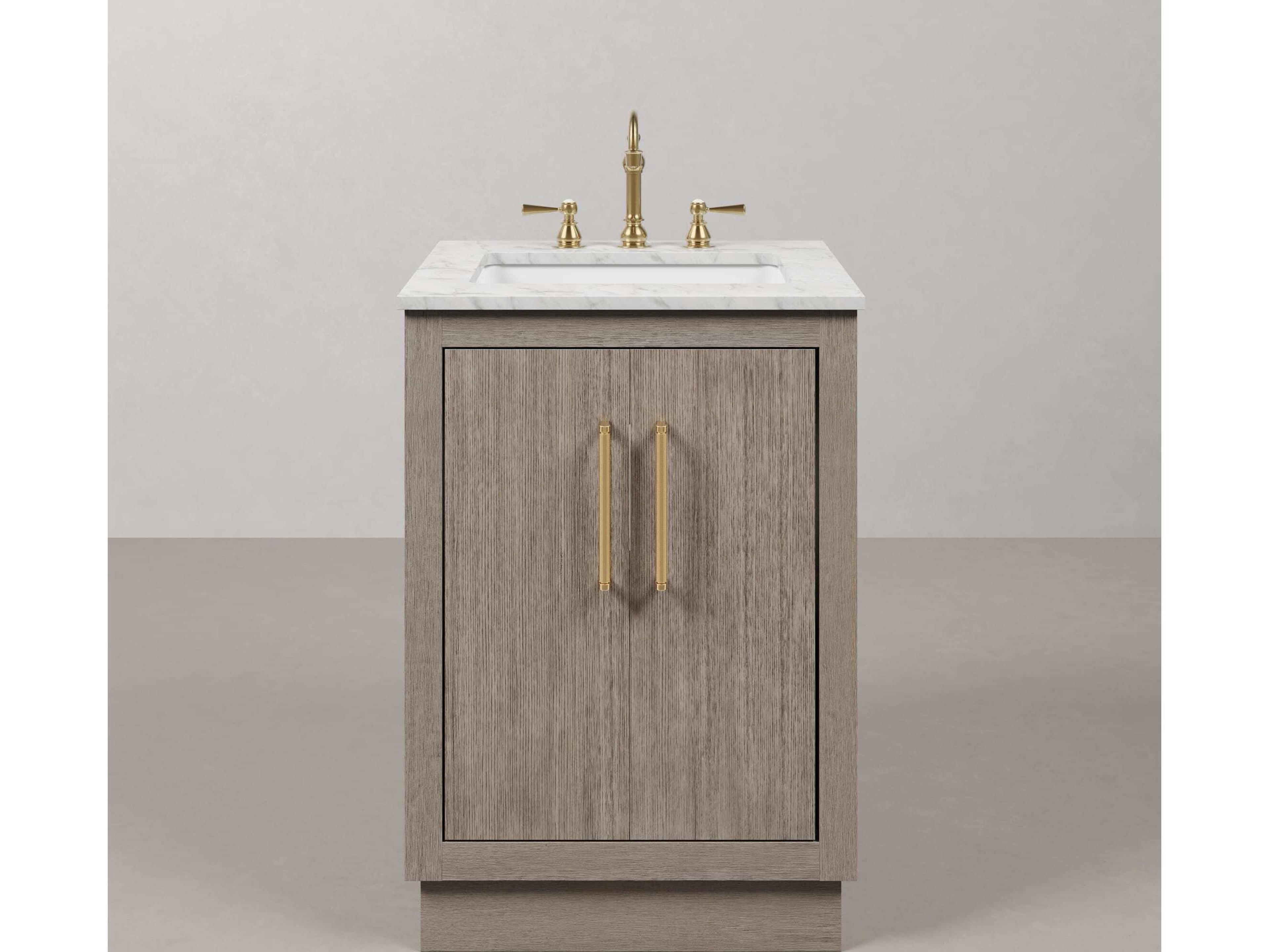 Water Creation Hugo Vanity in Grey Oak with Satin Gold Hardware and Gooseneck Faucet