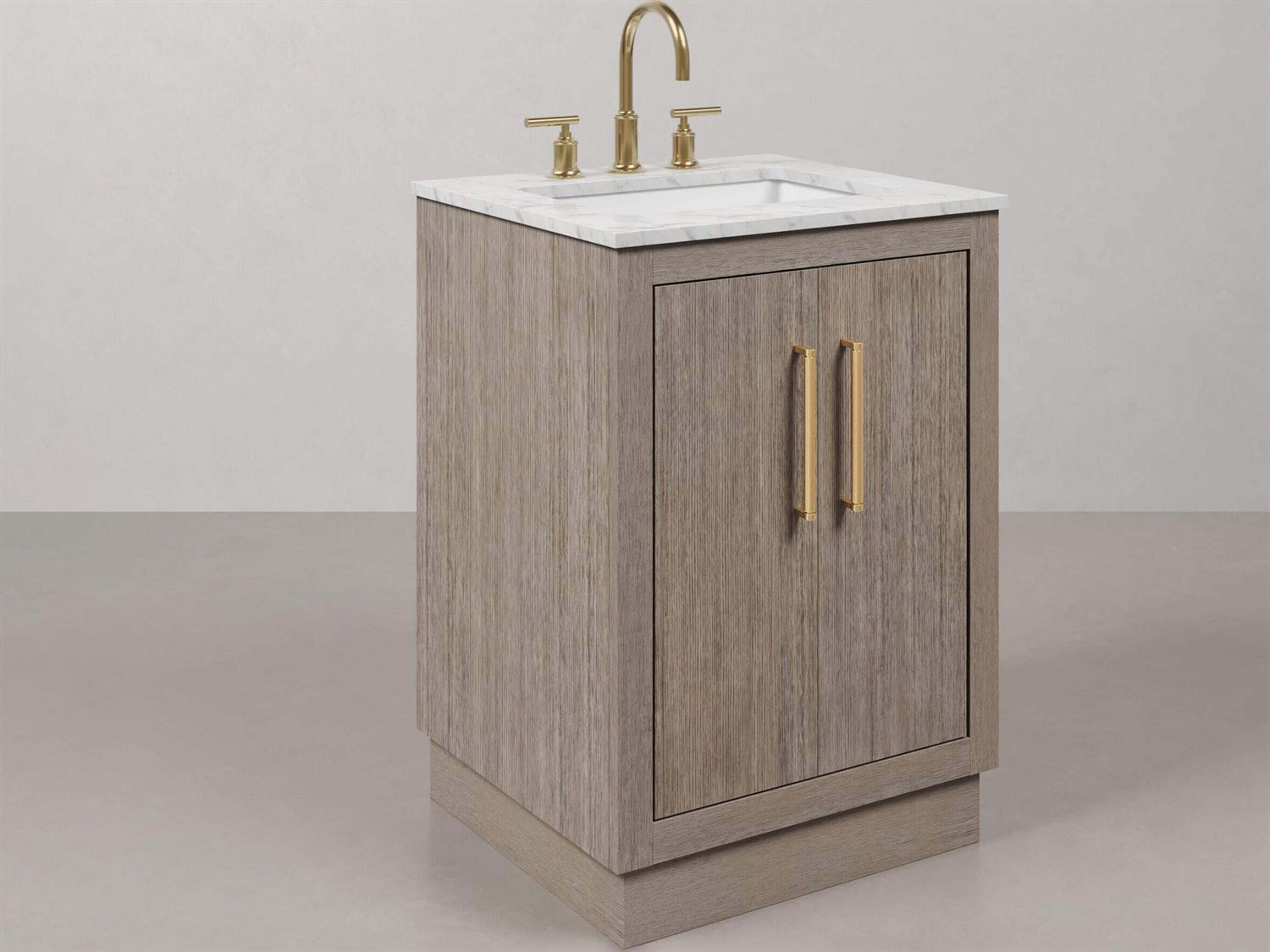 Water Creation Hugo Vanity in Grey Oak with Satin Gold Hardware and Gooseneck Faucet
