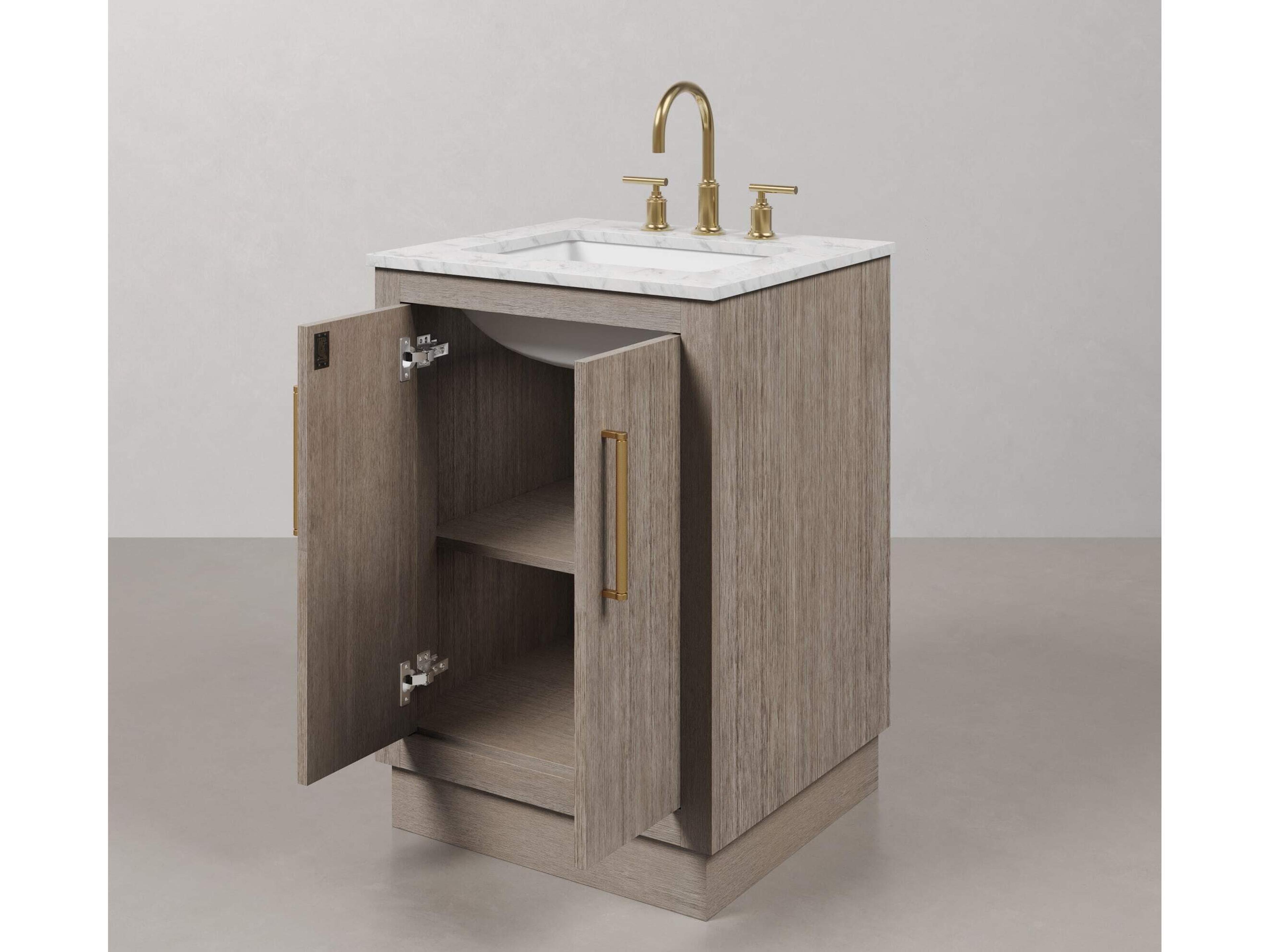 Water Creation Hugo Vanity in Grey Oak with Satin Gold Hardware and Gooseneck Faucet